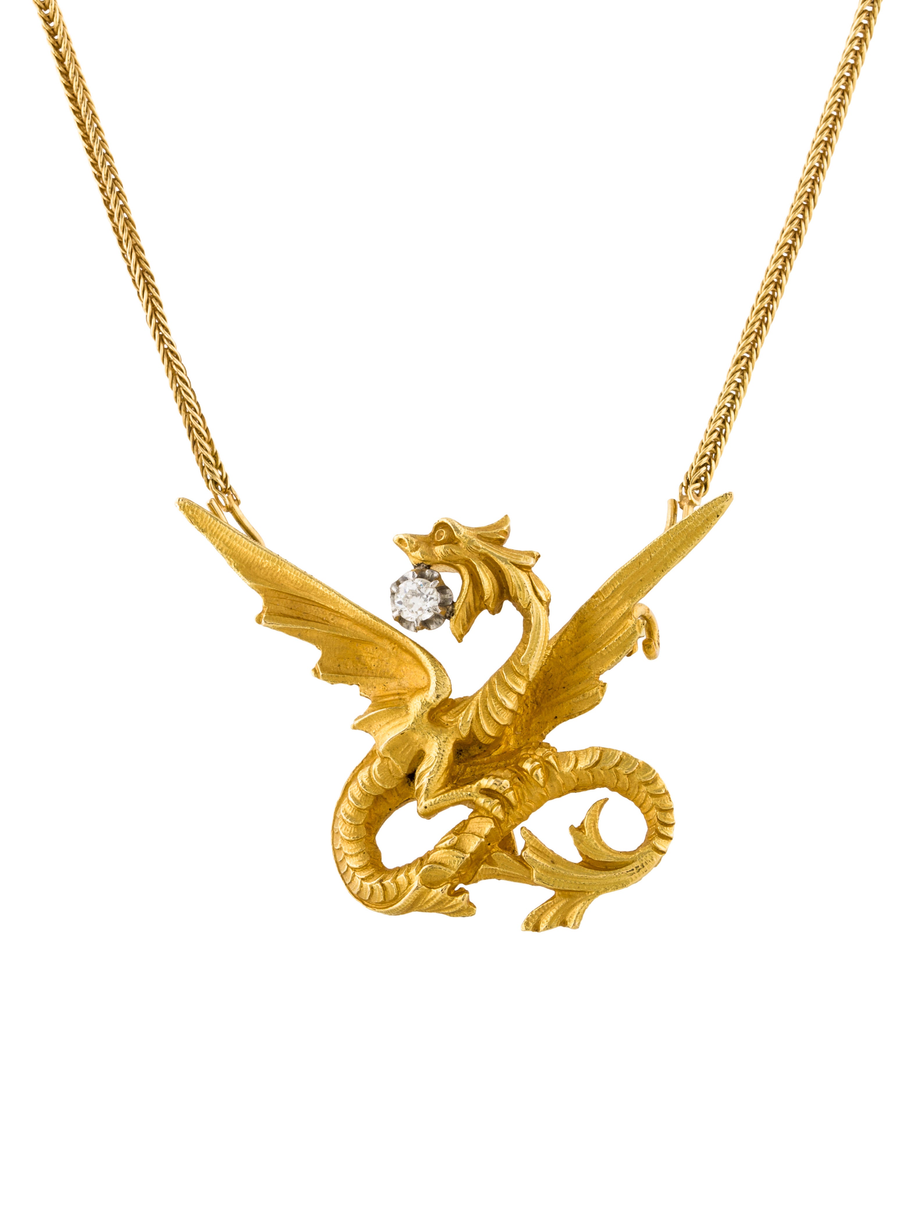 Necklace 18K Diamond Dragon Pendant Necklace 18K Yellow Gold Pendant