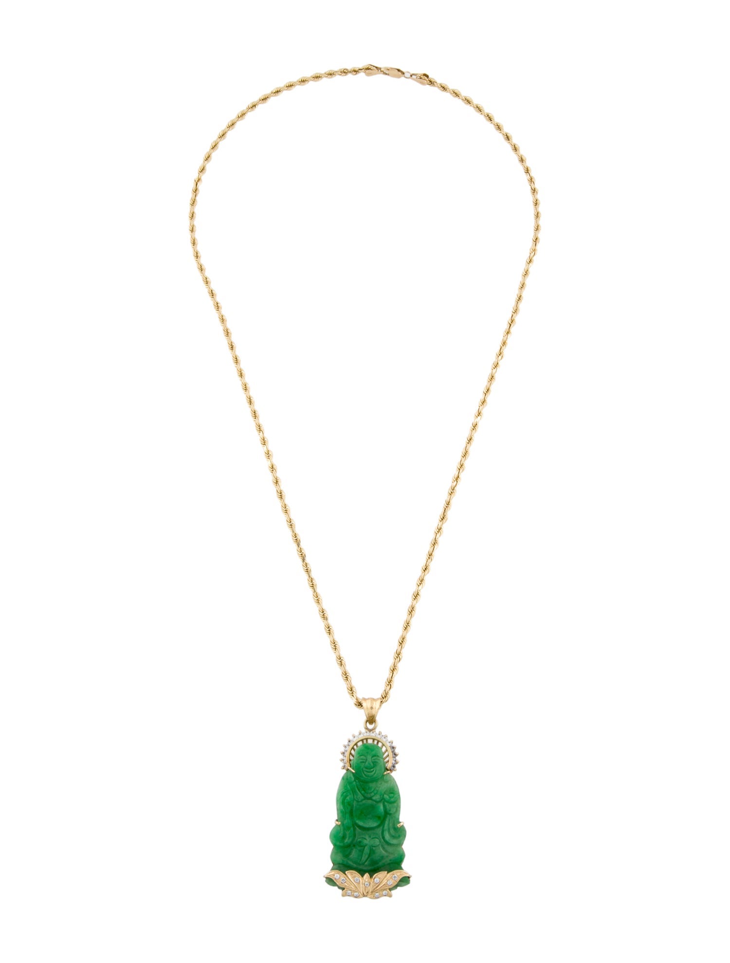 Necklace 14K Jadeite & Cubic Zirconia Buddha Pendant