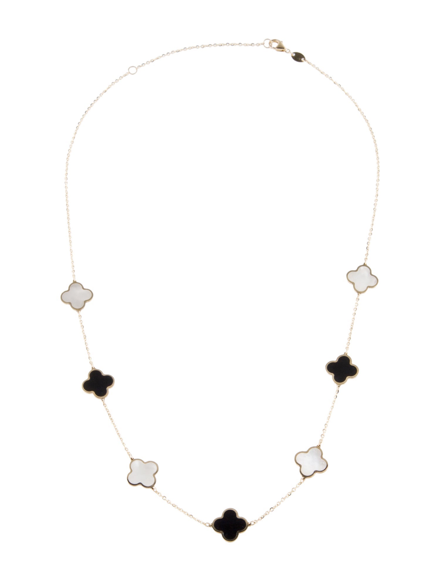Necklace 14K Mother of Pearl & Onyx Clover Station