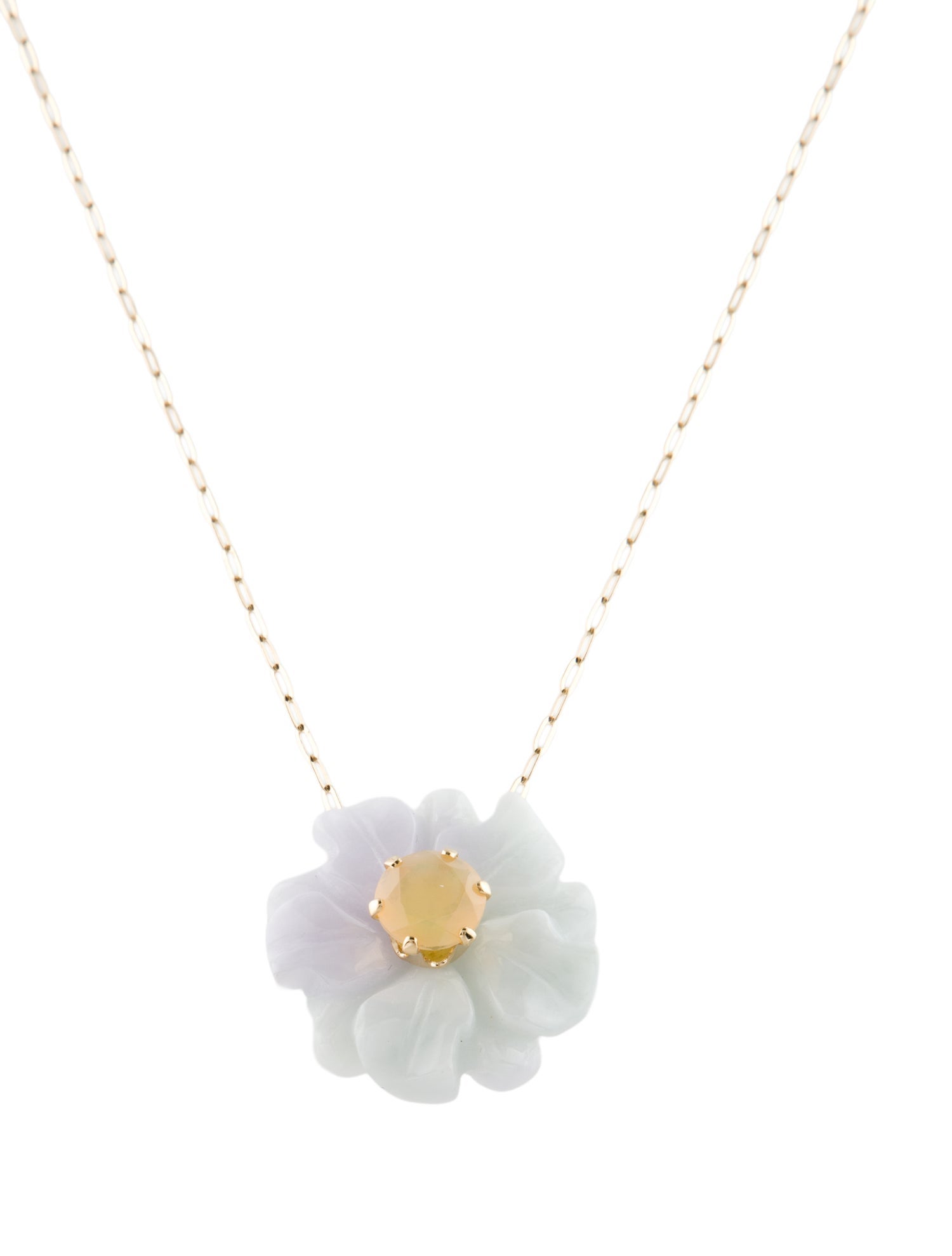 Necklace 14K Jadeite & Opal Flower Pendant