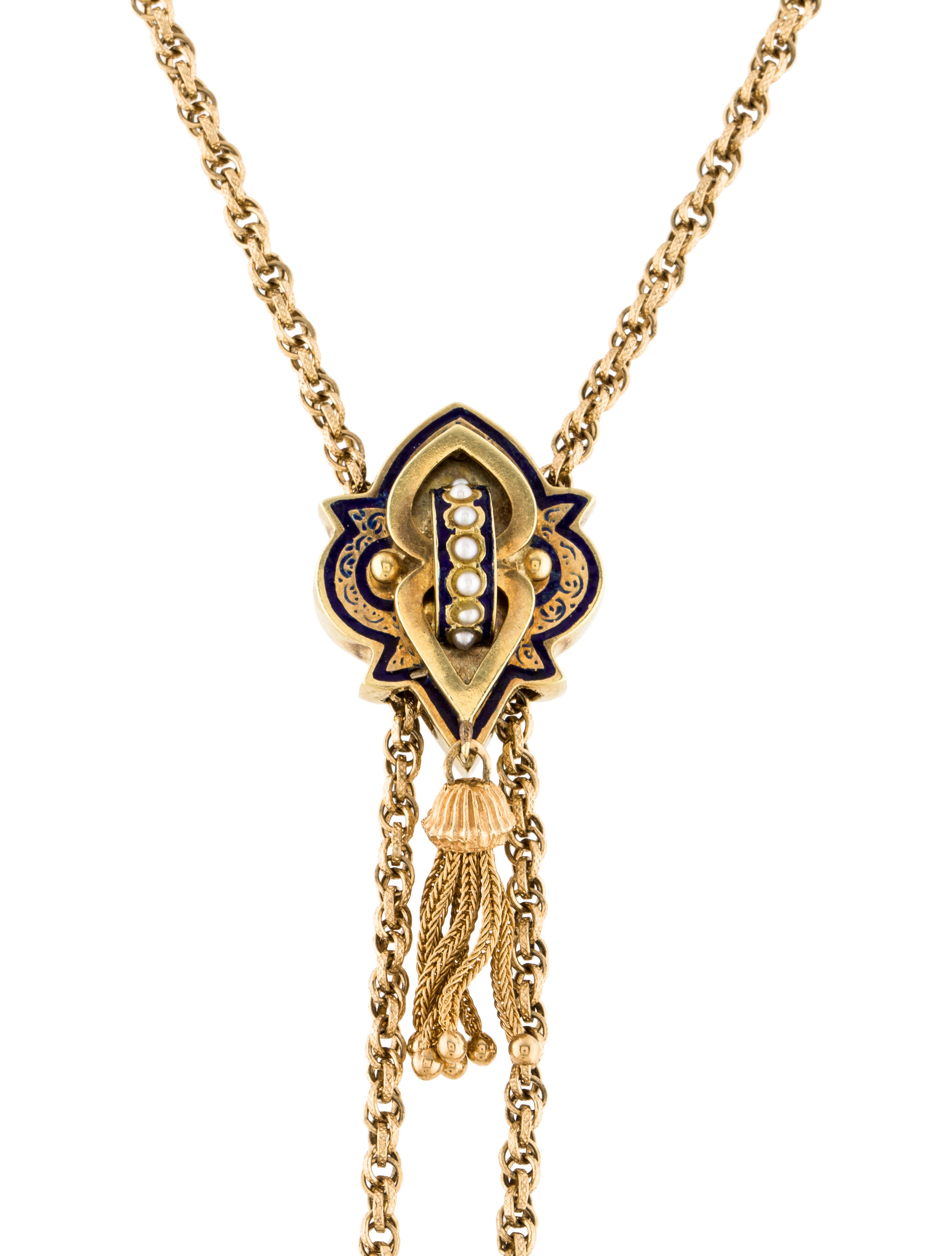 Vintage 14K Seed Pearl & Enamel Slide Pendant Necklace Necklaces