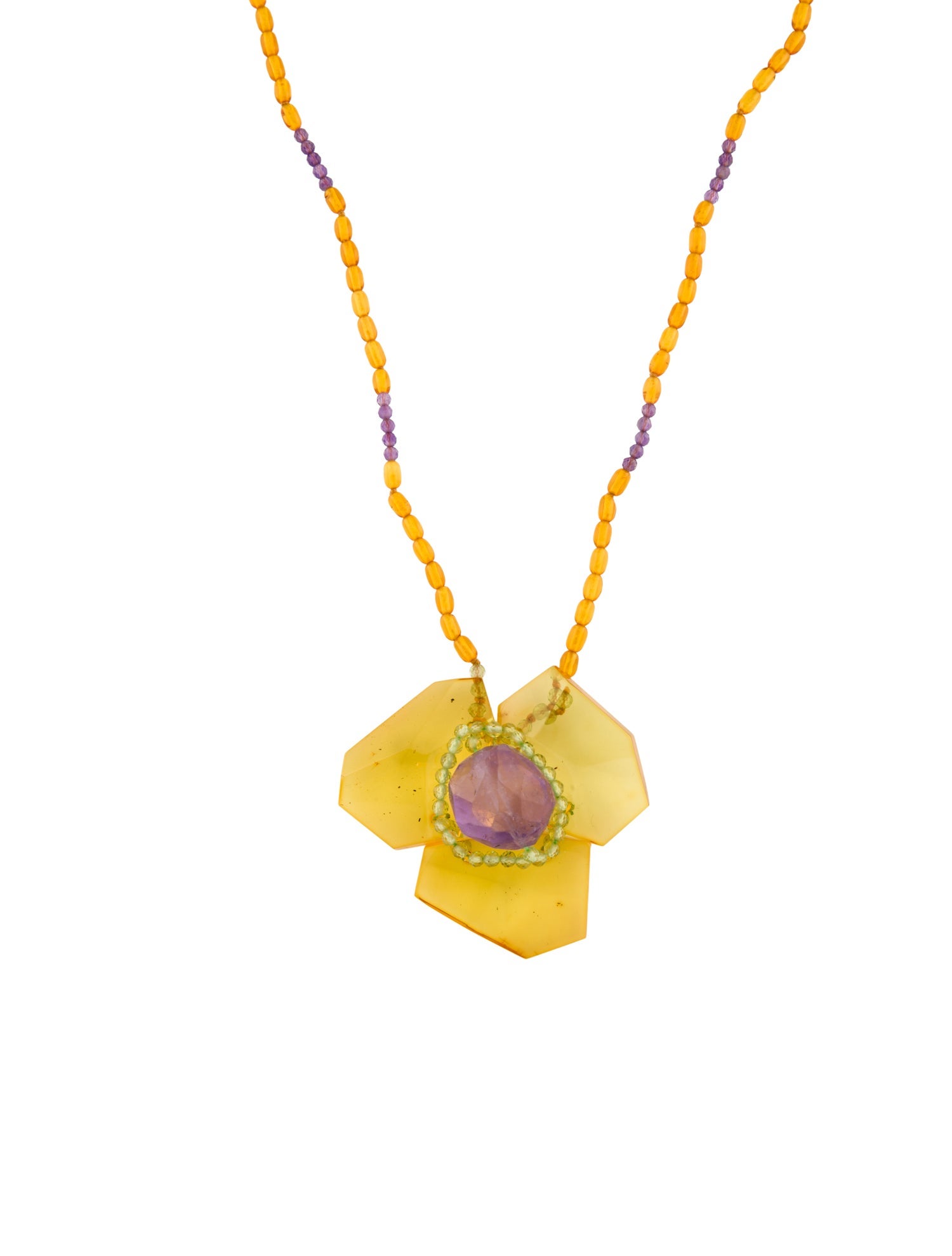 Necklace 14K Amber, Amethyst & Peridot Flower Bead Pendant