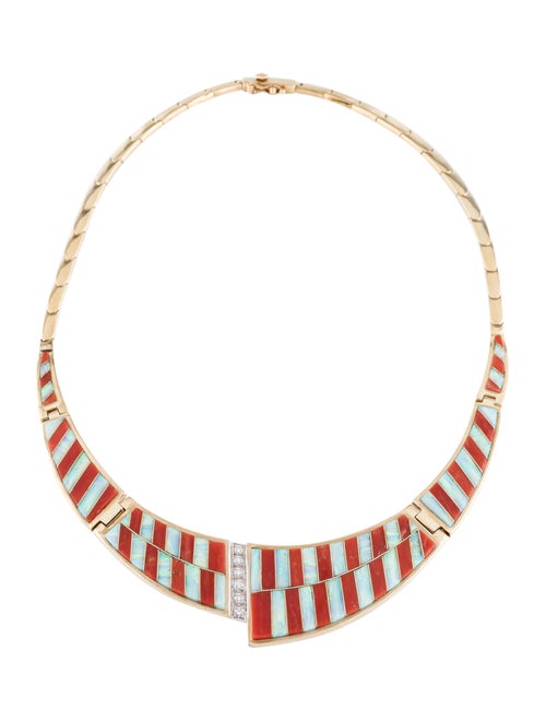 14K Coral, Opal & Diamond Collar Necklace yellow