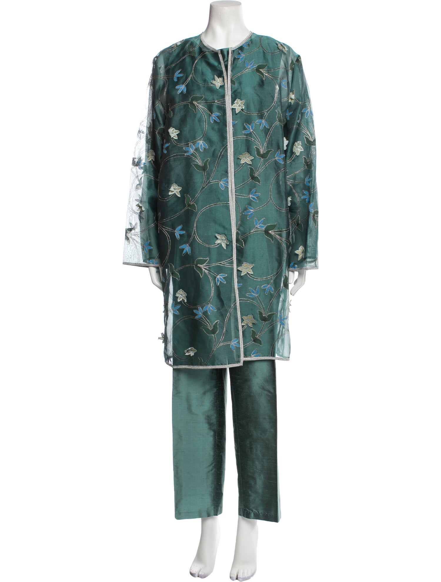 Neiman Marcus Silk Printed Pant Set - Green, 12.25" Rise Suits and Sets