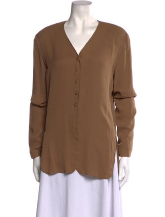 Neiman Marcus Silk V-Neck Button-Up Top