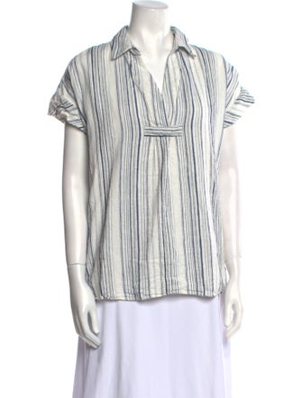 Neiman Marcus Striped Short Sleeve Button-Up Top