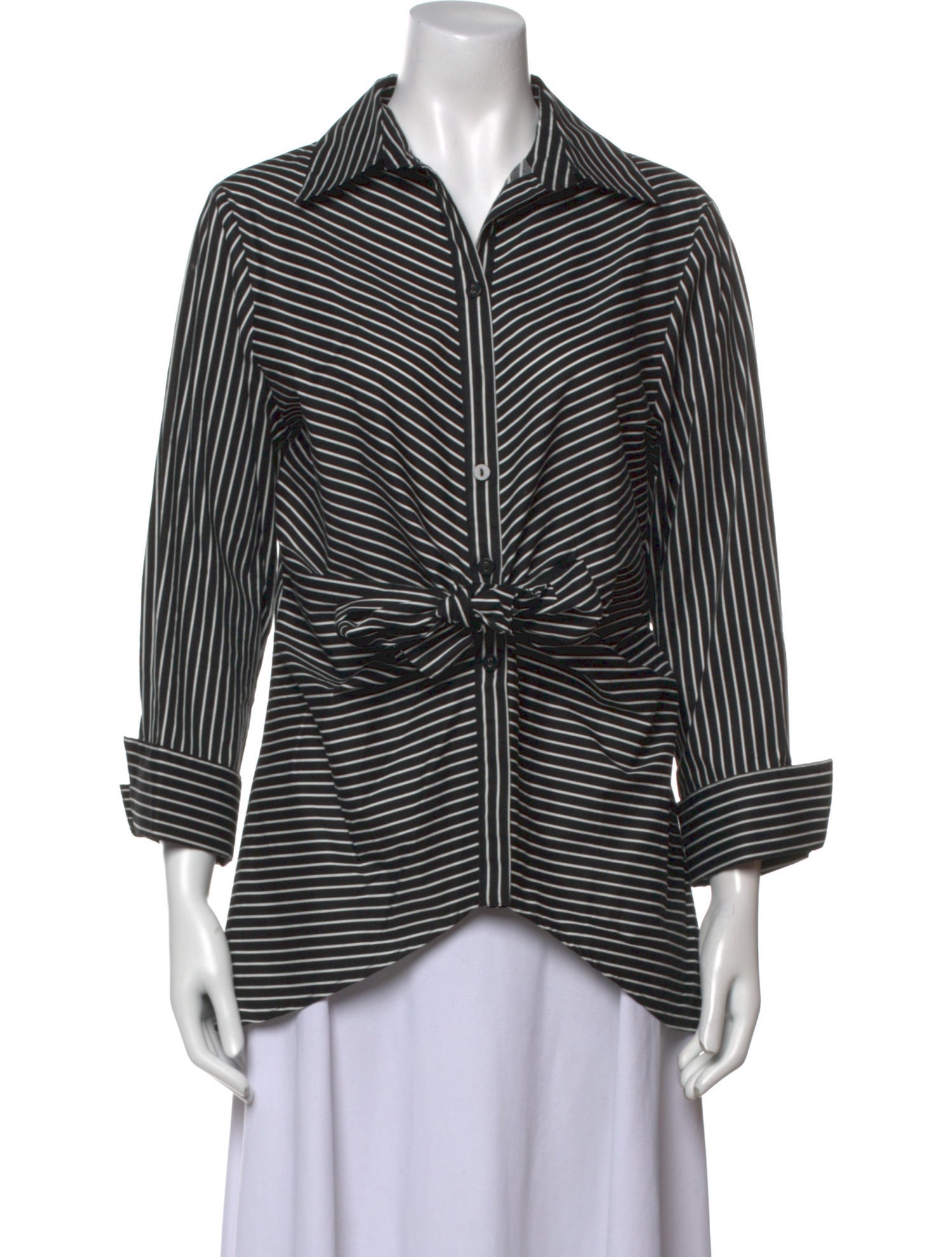 Neiman Marcus Striped Three-Quarter Sleeve Button-Up Top