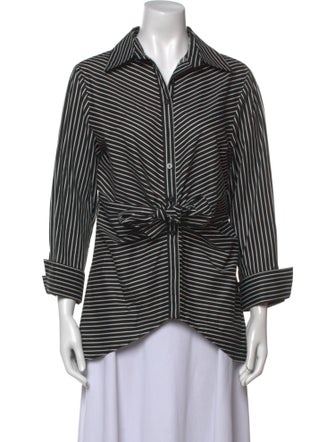 Neiman Marcus Striped Three-Quarter Sleeve Button-Up Top