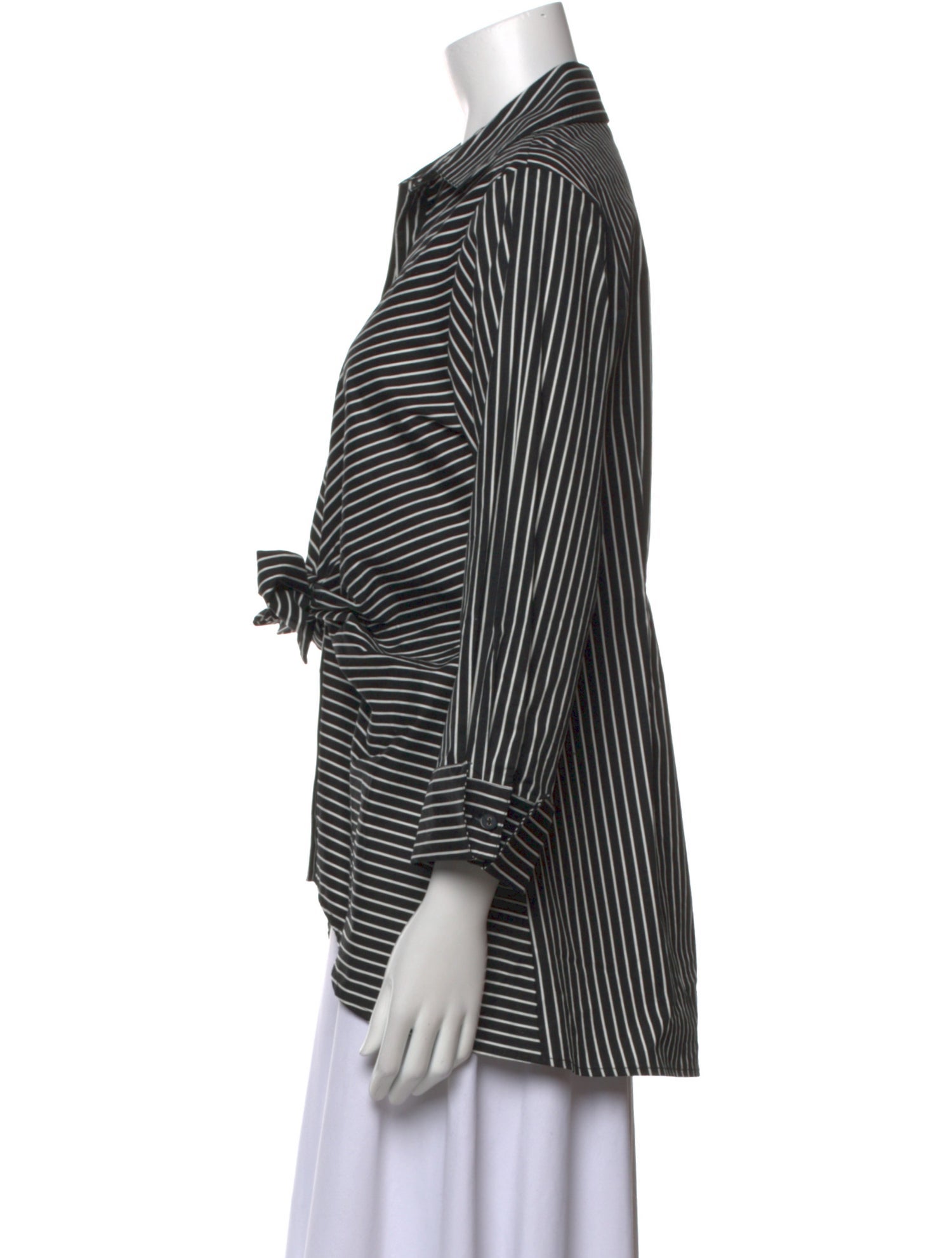 Neiman Marcus Striped Three-Quarter Sleeve Button-Up Top