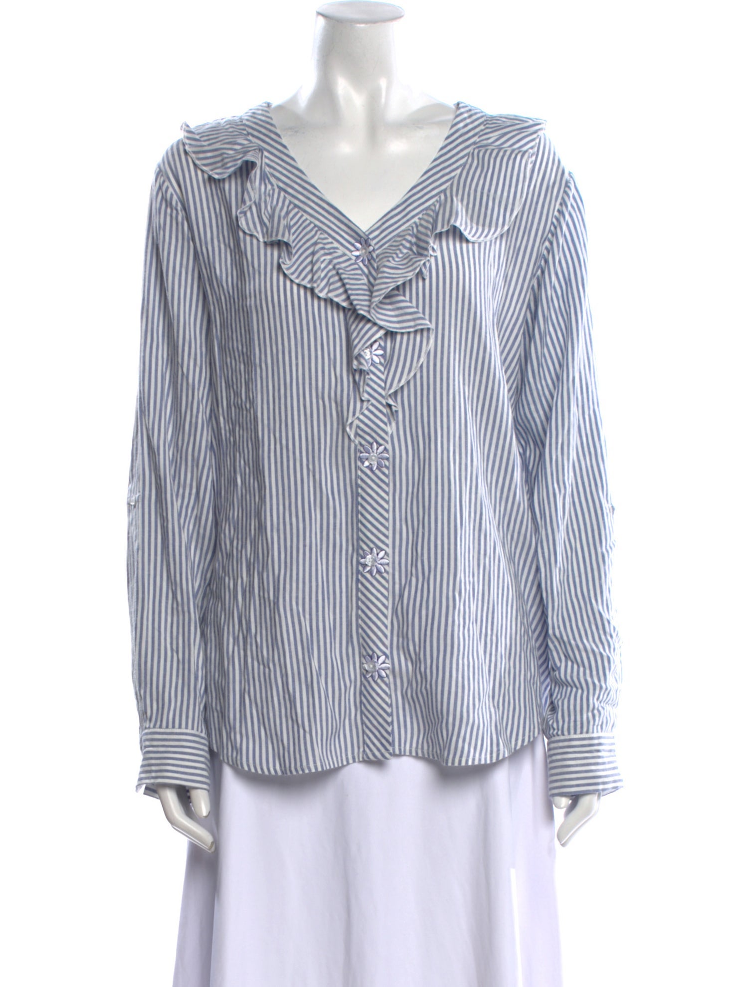 Neiman Marcus Striped V-Neck Button-Up Top