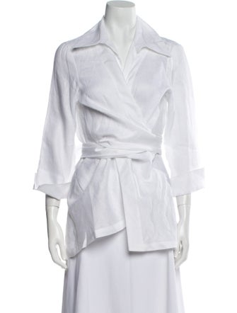 Neiman Marcus Linen Three-Quarter Sleeve Button-Up Top