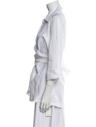 Neiman Marcus Linen Three-Quarter Sleeve Button-Up Top