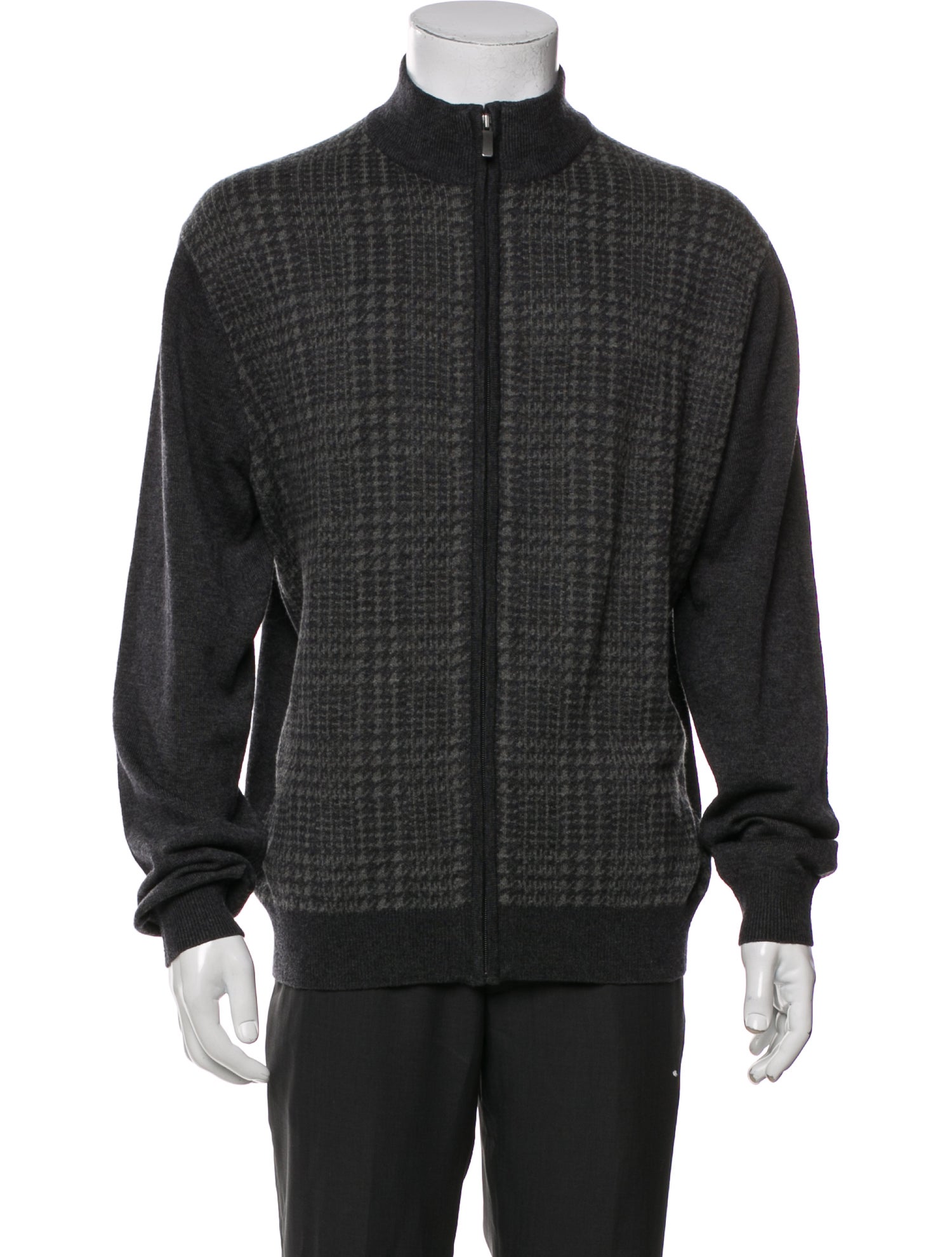 Neiman Marcus Plaid Print Mock Neck Cardigan