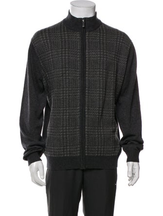 Neiman Marcus Plaid Print Mock Neck Cardigan