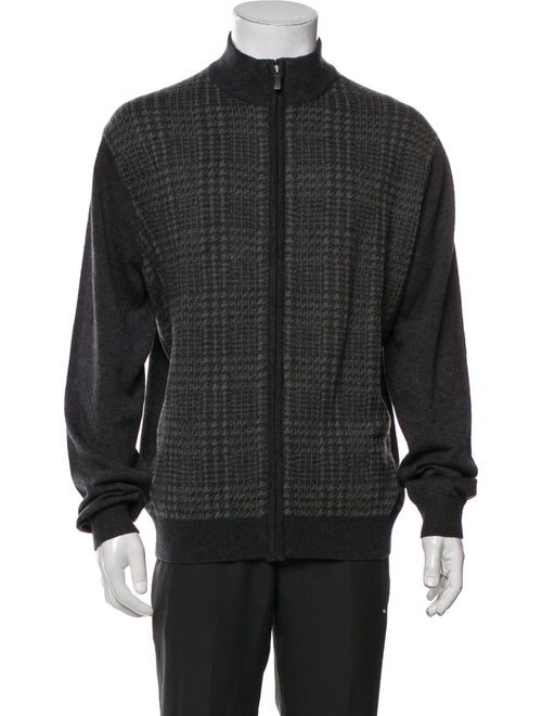 Neiman Marcus Plaid Print Mock Neck Cardigan