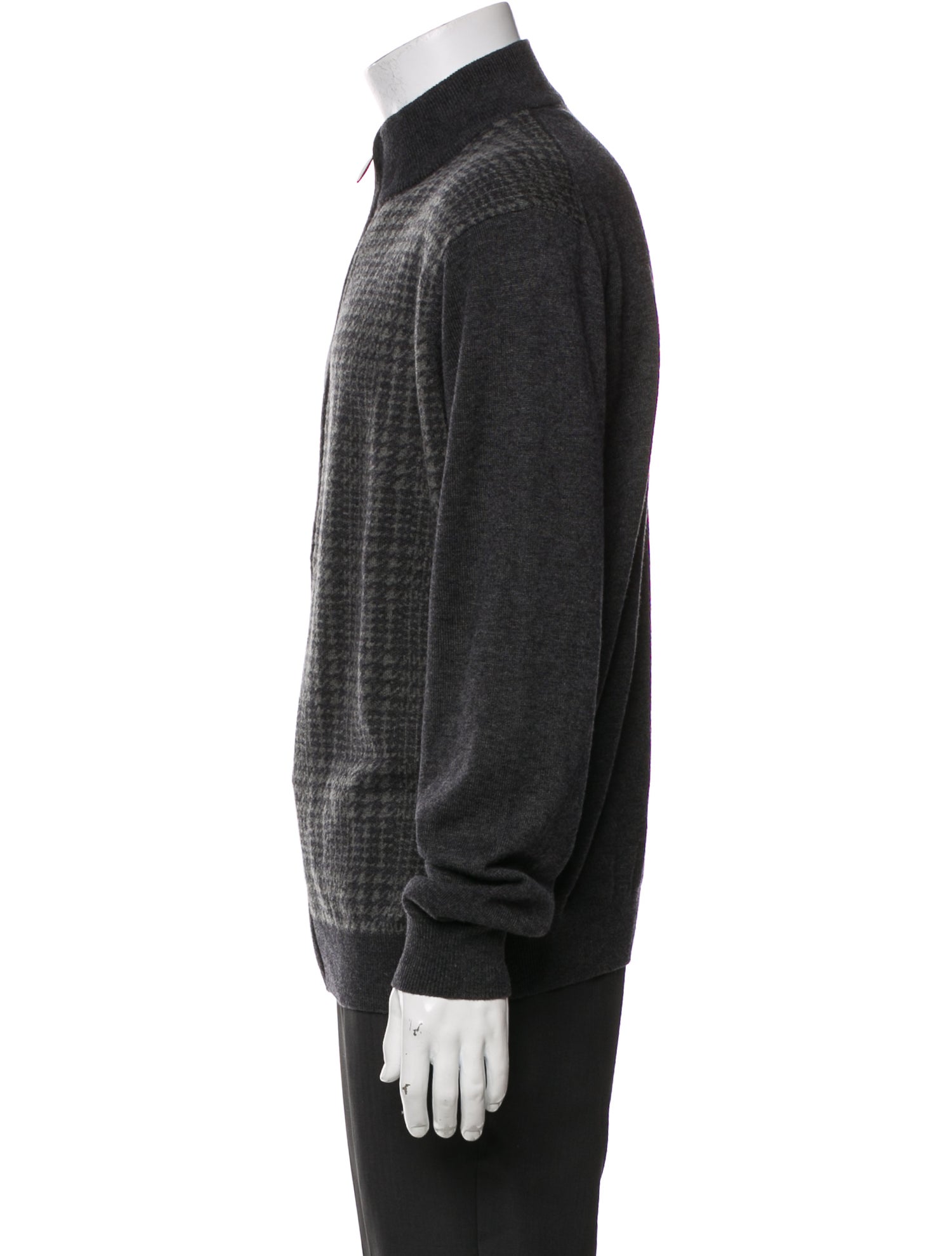 Neiman Marcus Plaid Print Mock Neck Cardigan