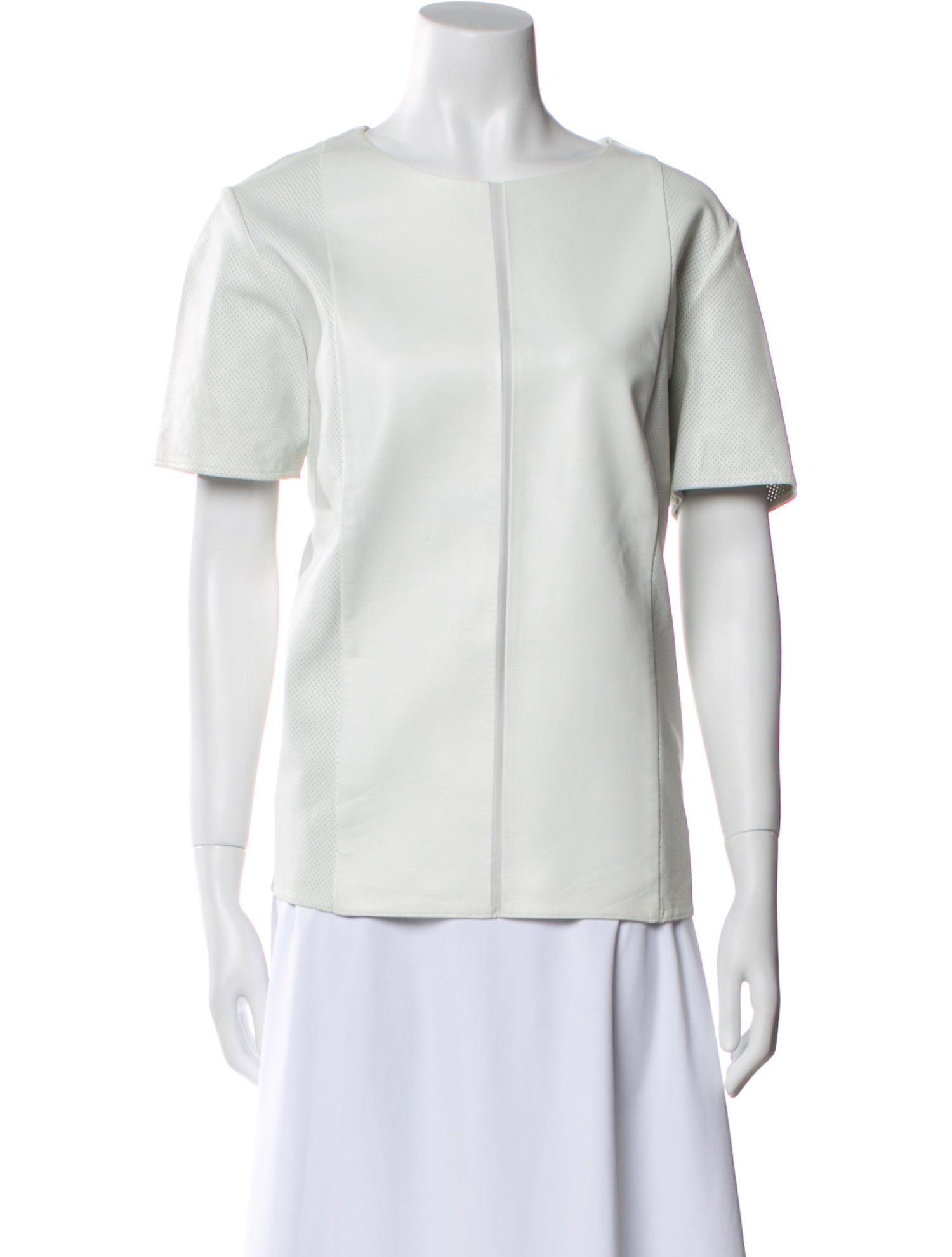 Neiman Marcus Silk Crew Neck Button-Up Top