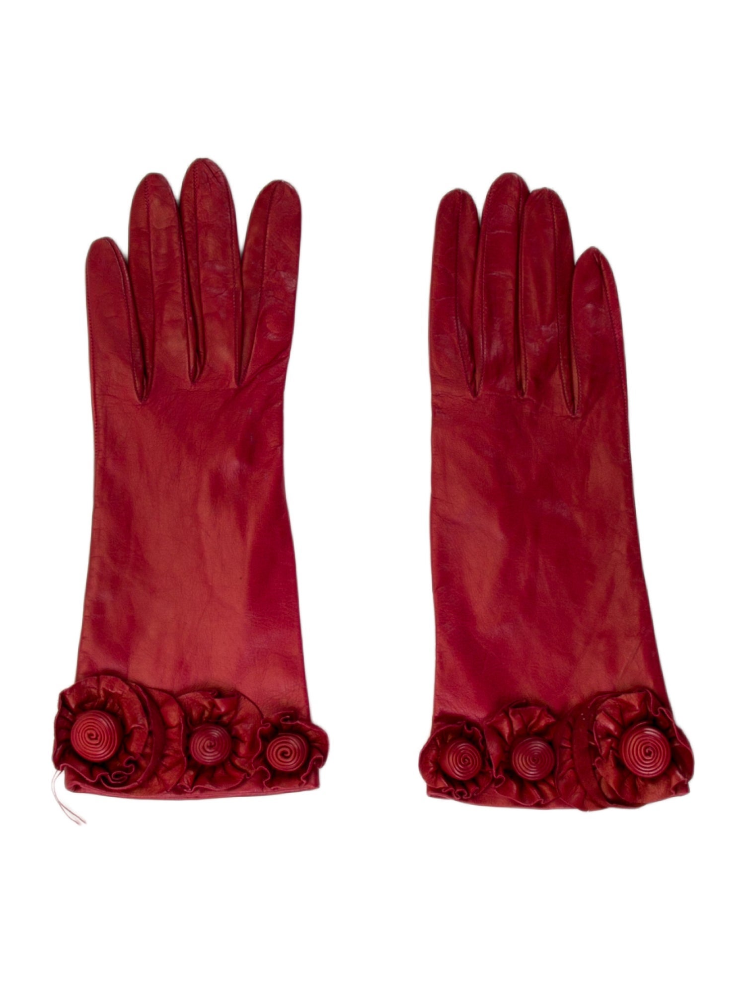 Neiman Marcus Leather Gloves With Flower Accents At Top.