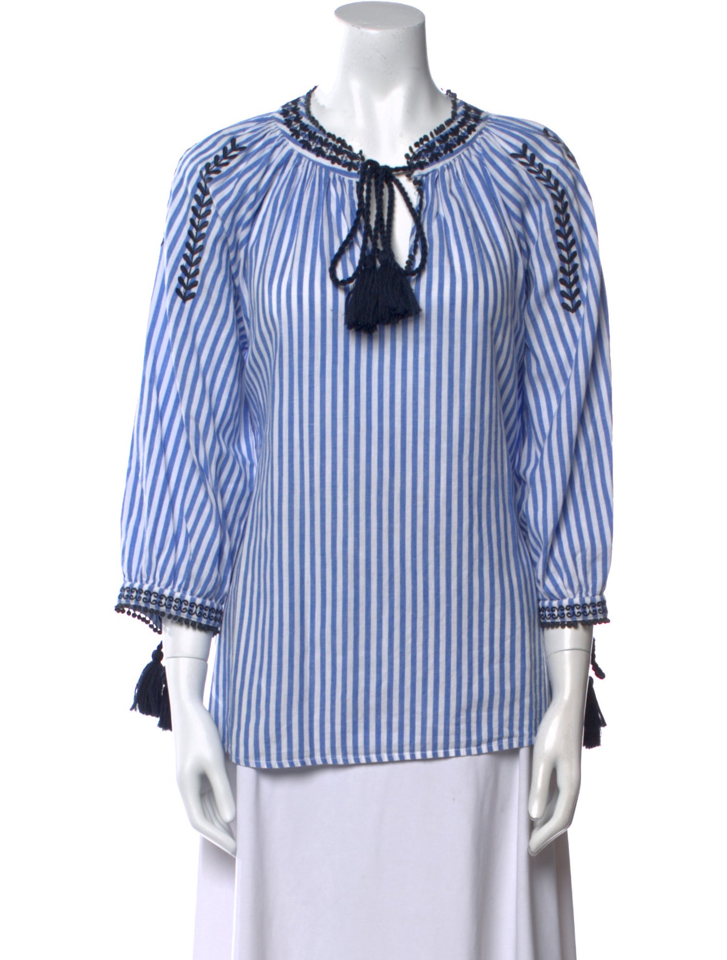 Neiman Marcus Striped Tie Neck Blouse