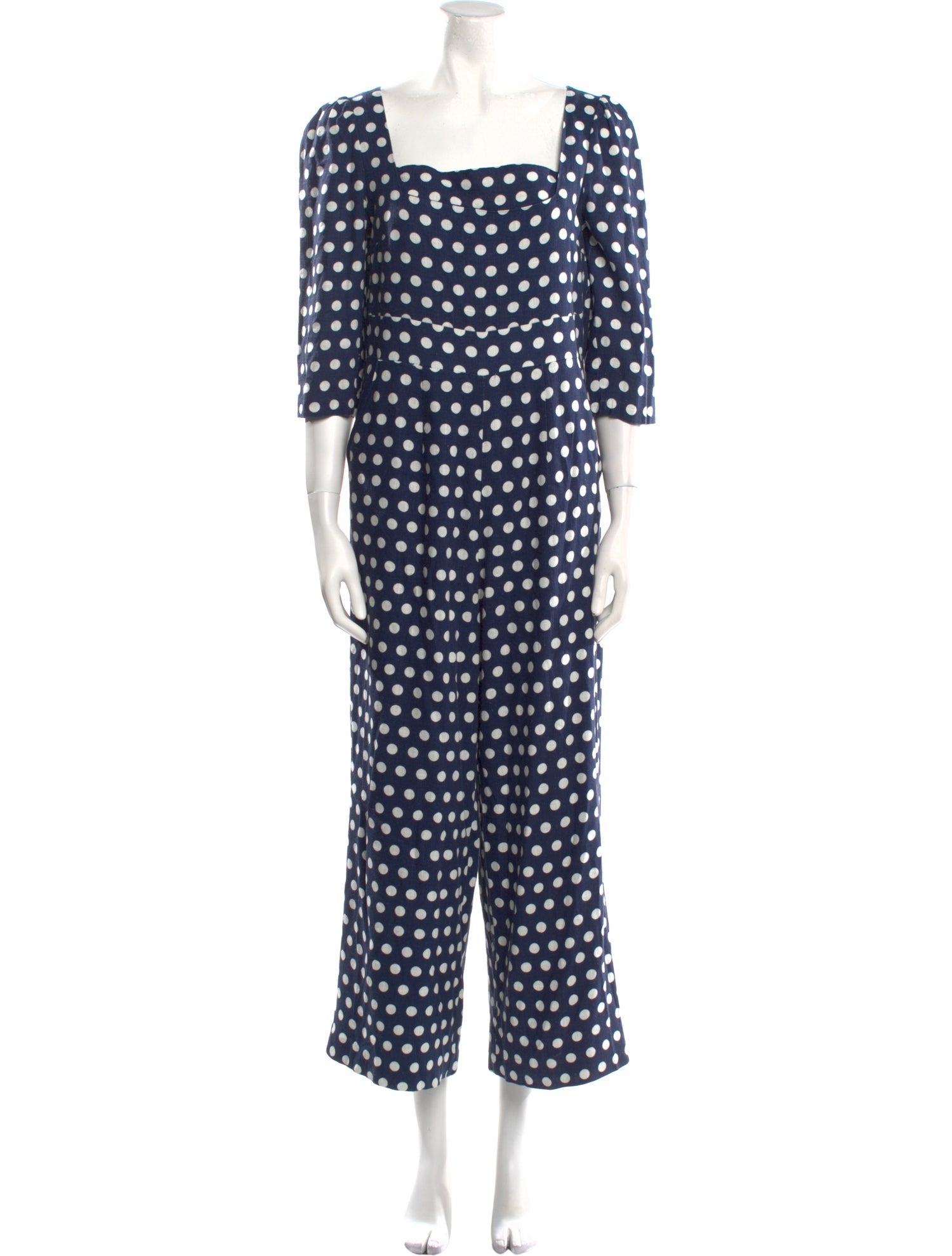 Neiman Marcus Polka Dot Print Square Neckline Jumpsuit