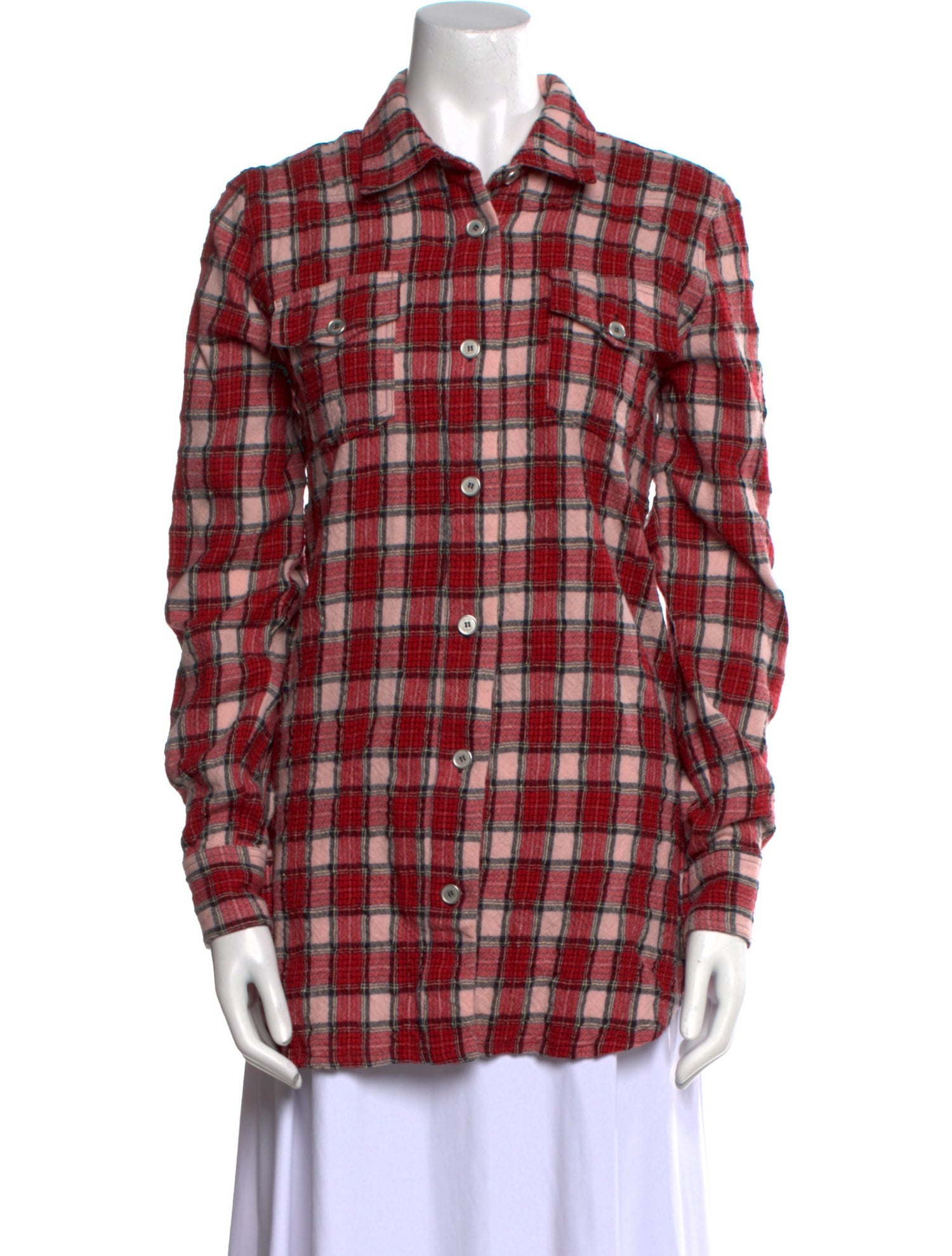 Off-White Virgin Wool Plaid Print Button-Up Top