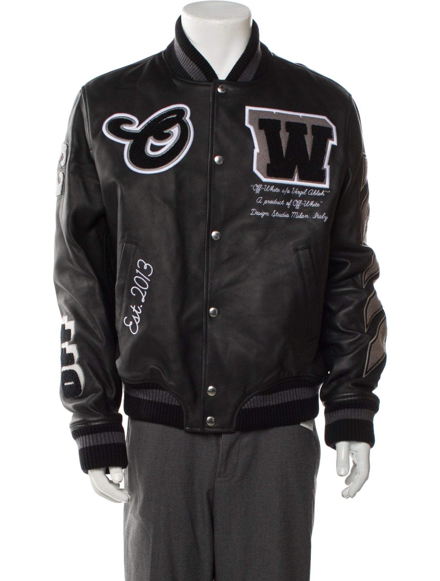 Off-White Leather Graphic Print Varsity Jacket w/ Tags