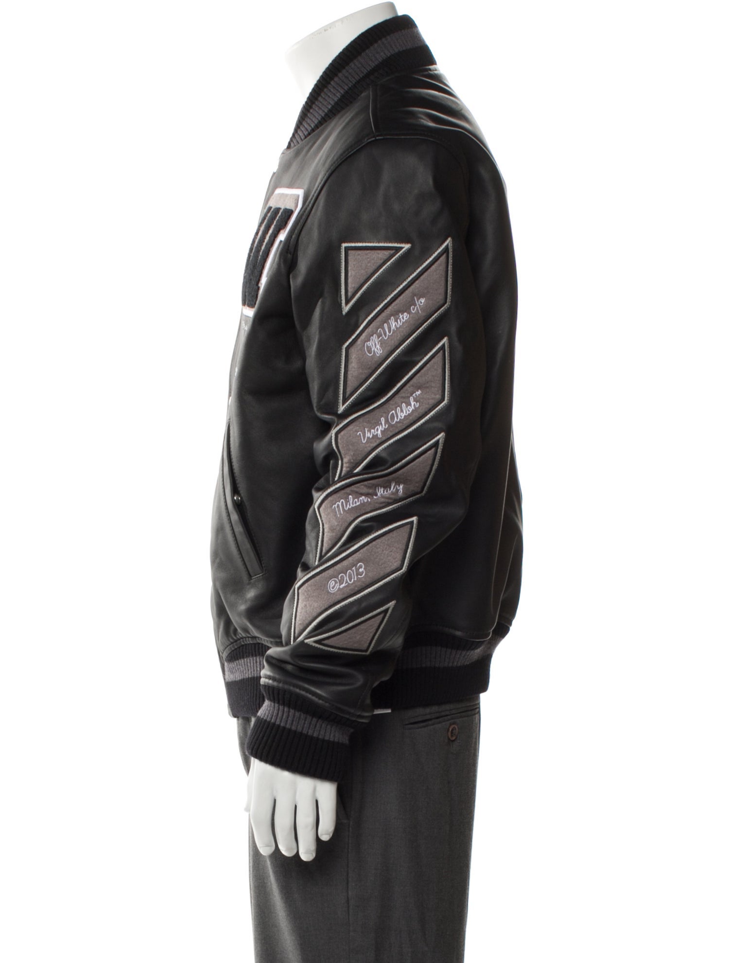 Off-White Leather Graphic Print Varsity Jacket w/ Tags
