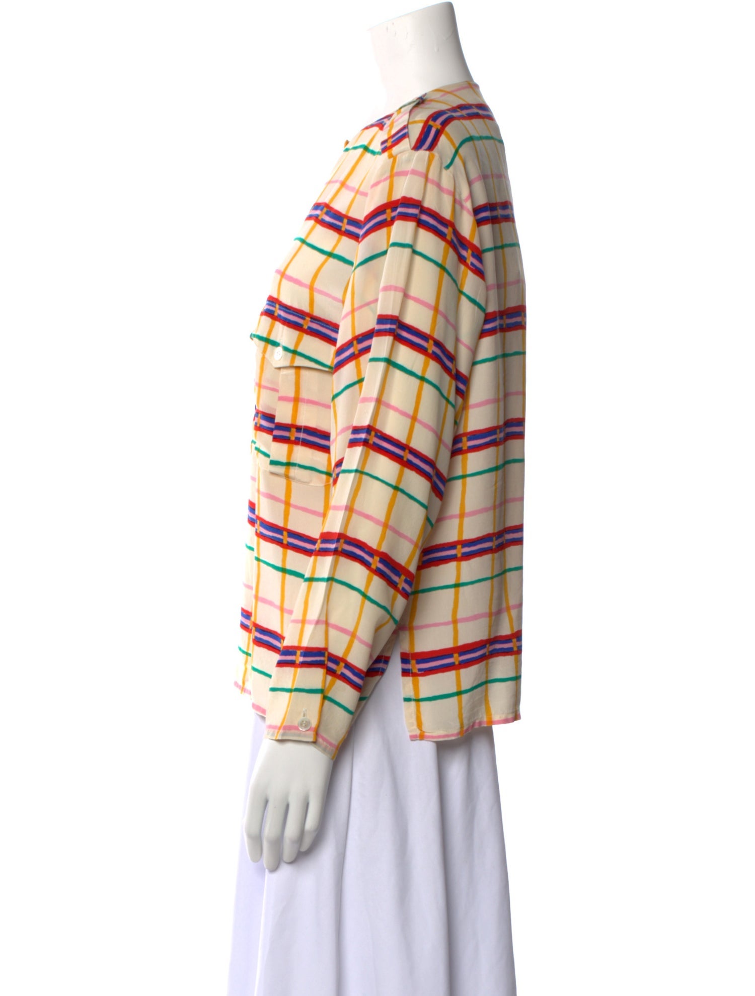 Oleg Cassini Silk Plaid Print Blouse