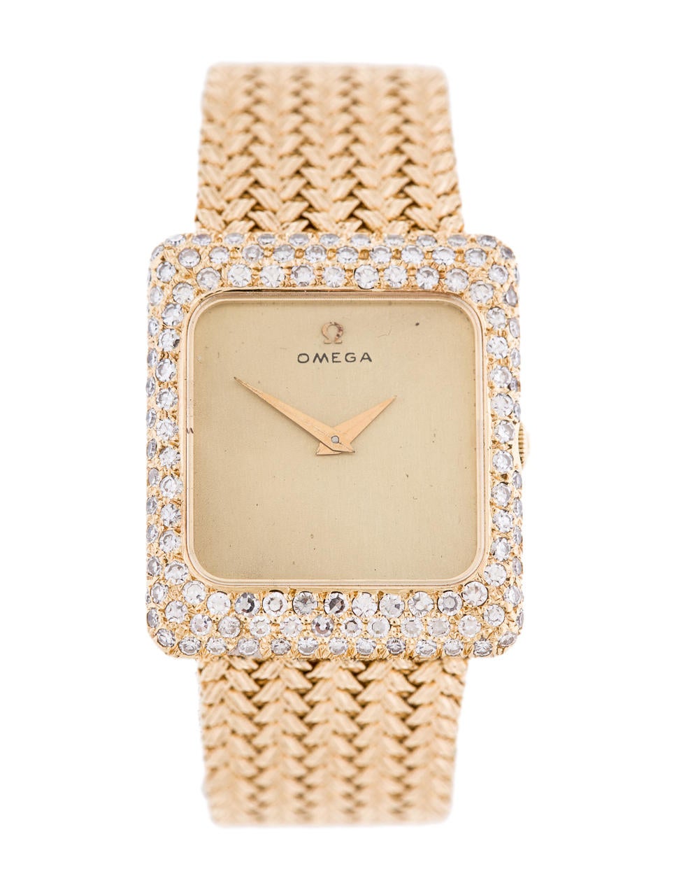Omega 18K Gold Mesh Bracelet Diamond Watch