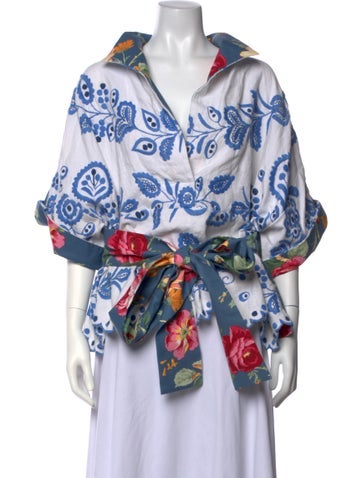 Pre-owned Rianna + Nina Floral Print Short Sleeve Blouse In Blue