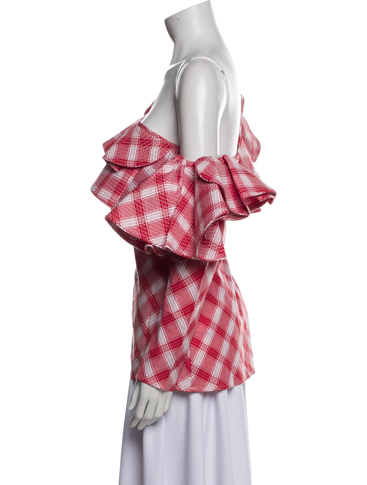 Johanna Ortiz Plaid Print One-Shoulder Blouse