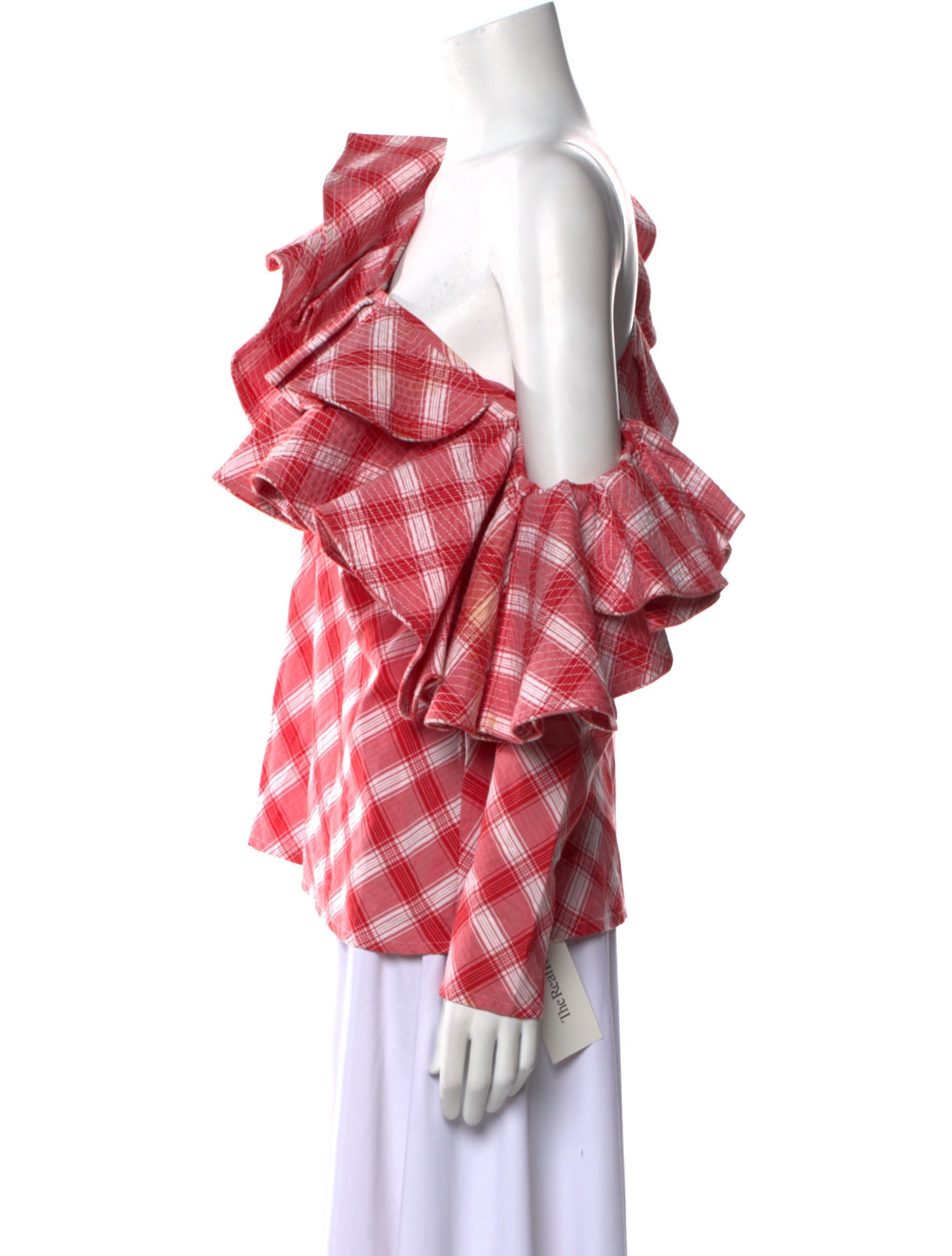 Johanna Ortiz Plaid Print One-Shoulder Blouse