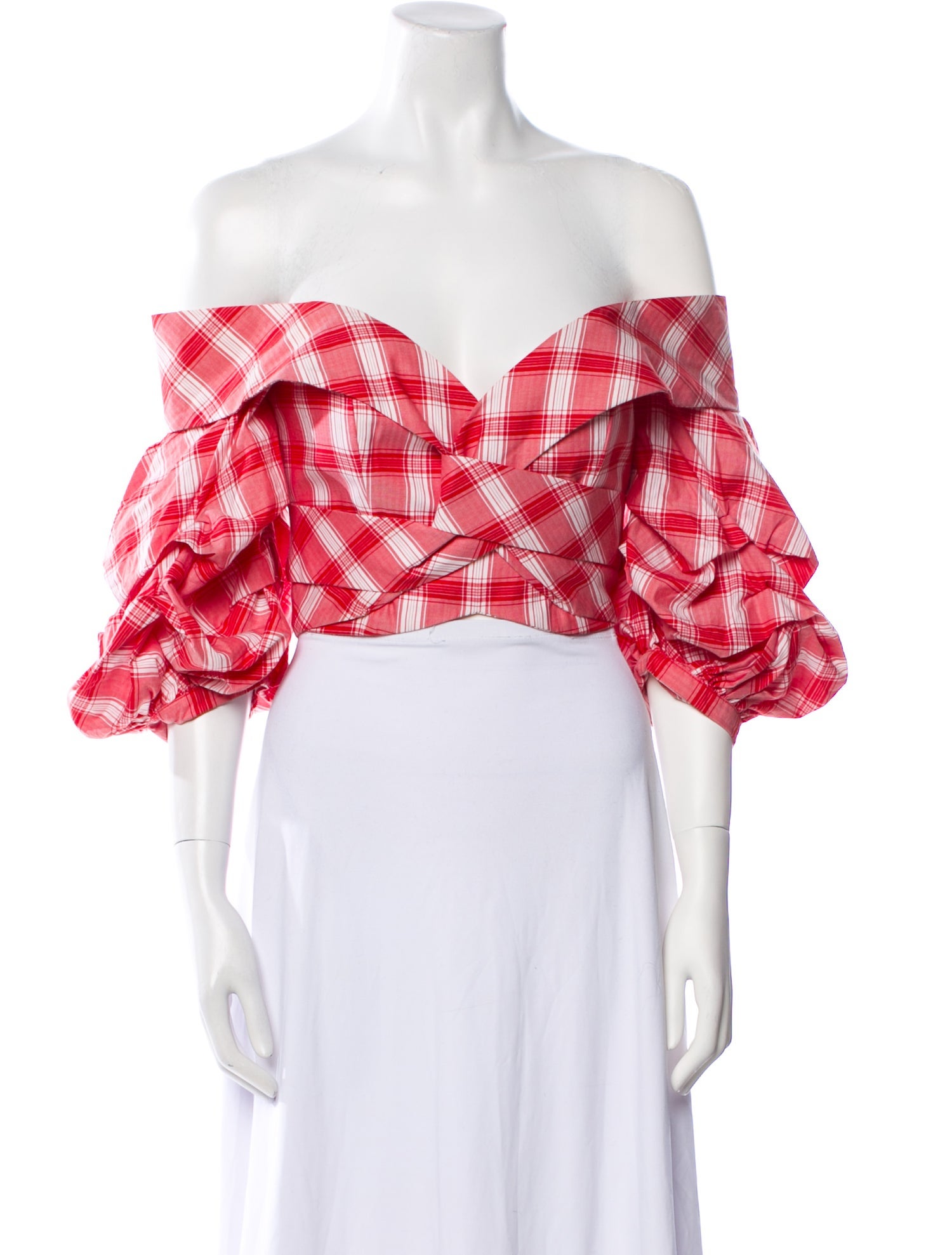 Johanna Ortiz Plaid Print Off-The-Shoulder Crop Top