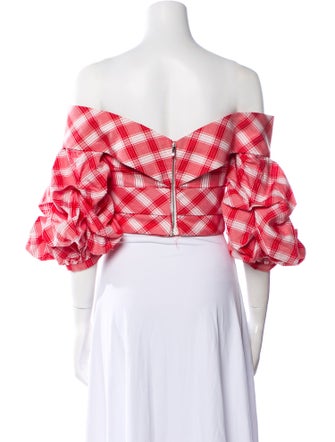 Johanna Ortiz Plaid Print Off-The-Shoulder Crop Top
