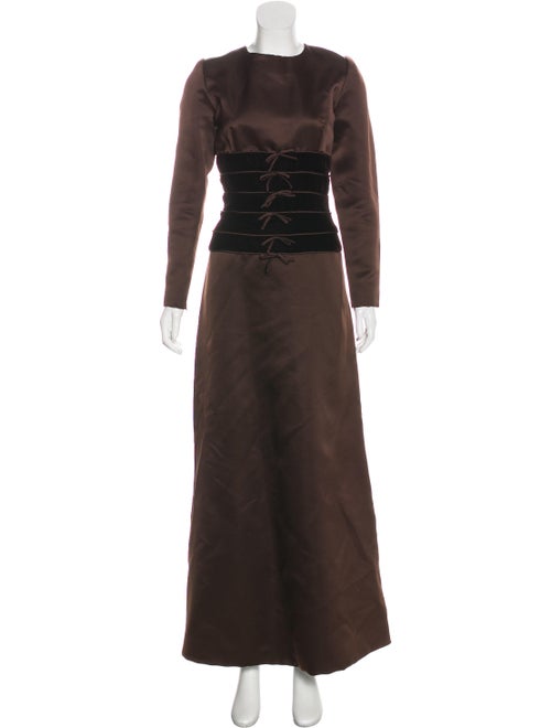 Oscar de la Renta Long Sleeve Evening Dress Brown