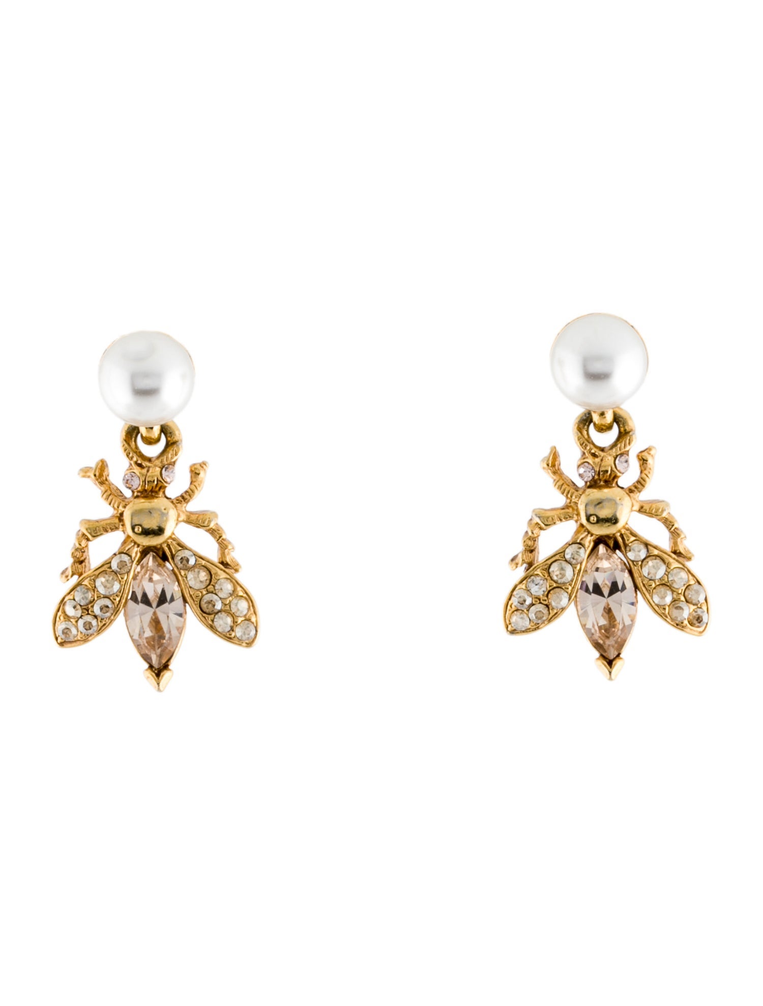 Oscar de la Renta Faux Pearl & Crystal Bug Drop Earrings