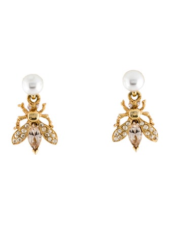Oscar de la Renta Faux Pearl & Crystal Bug Drop Earrings