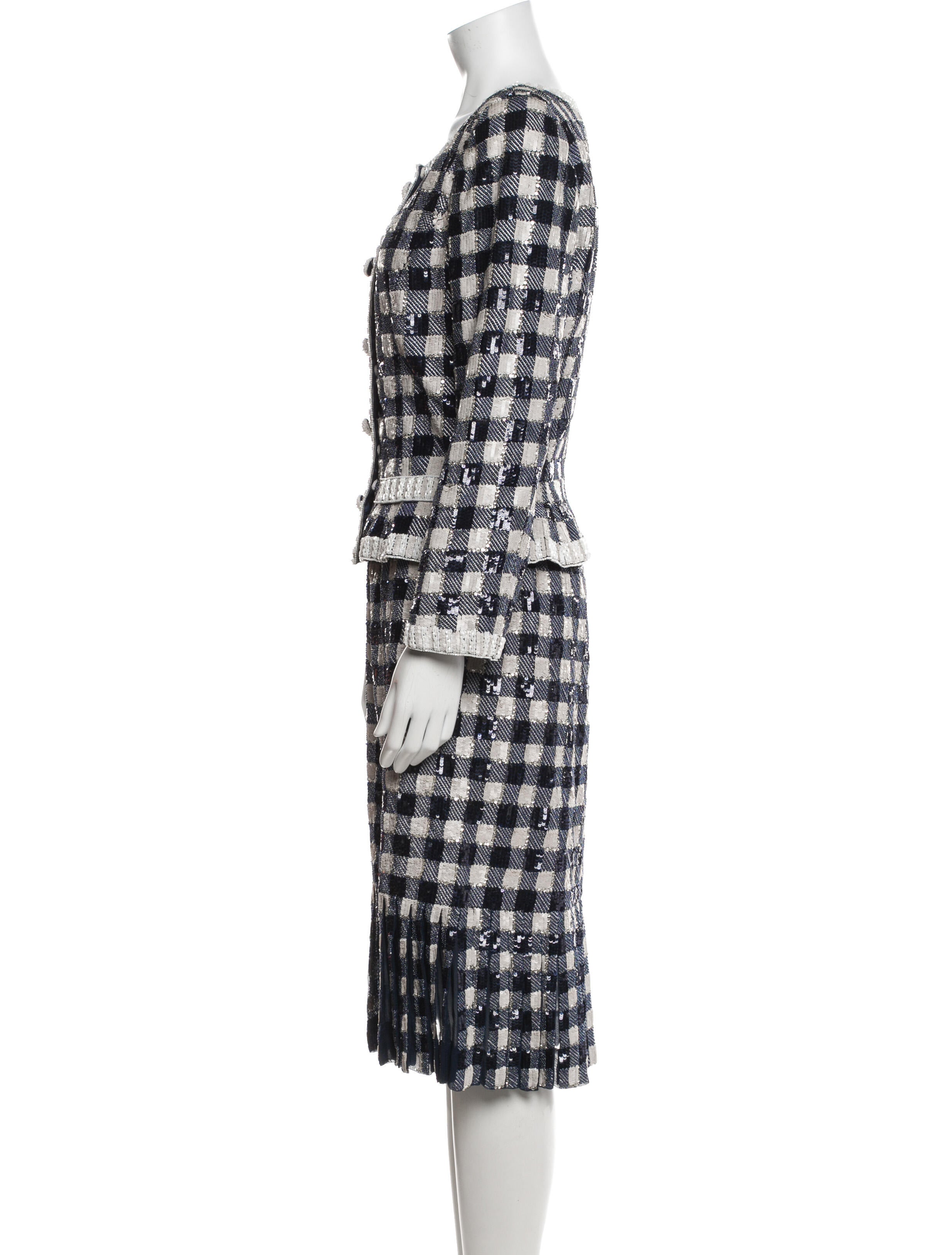 Oscar de la Renta Plaid Print Sequin Embellishments Skirt Suit
