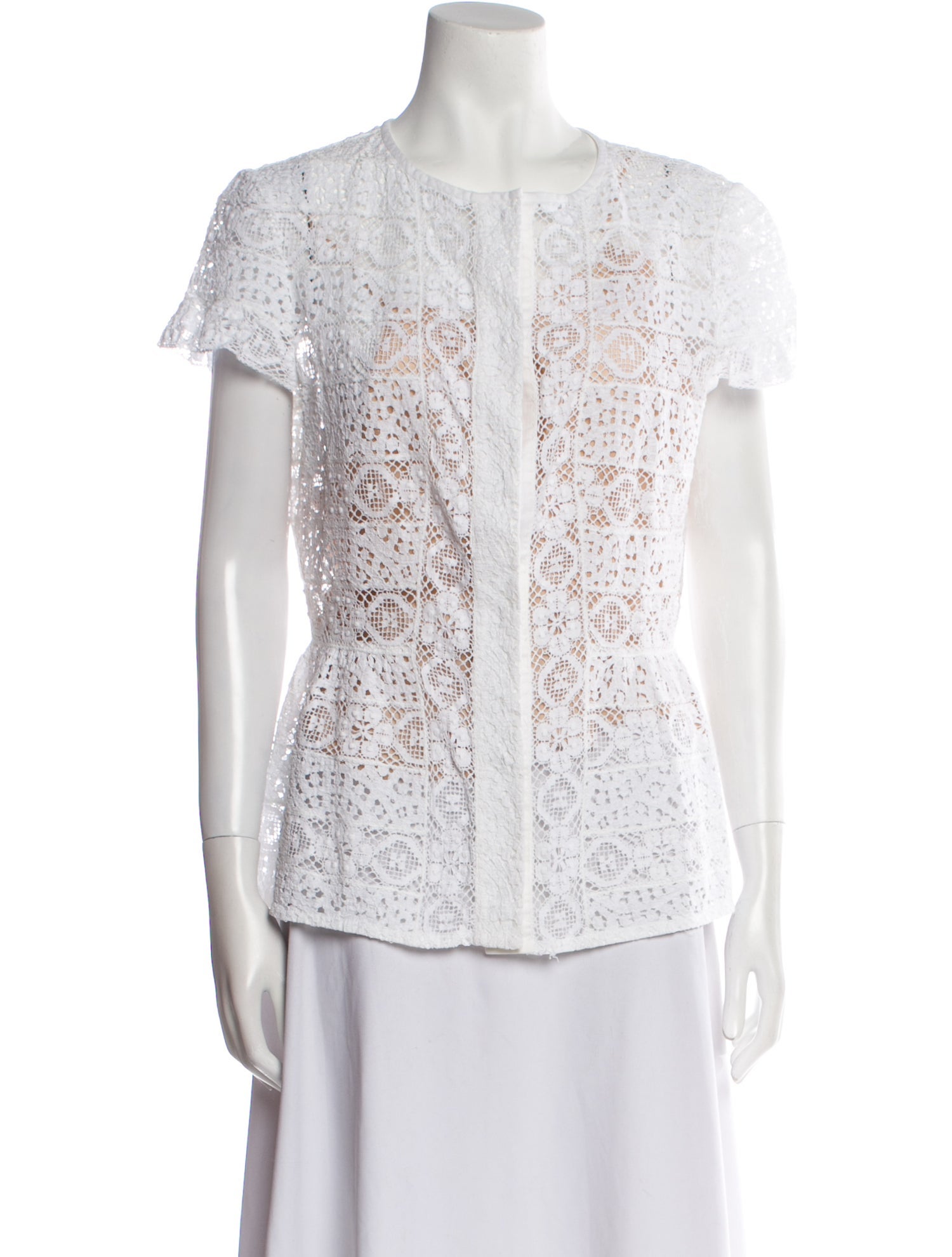 Oscar de la Renta Lace Pattern Crew Neck Button-Up Top