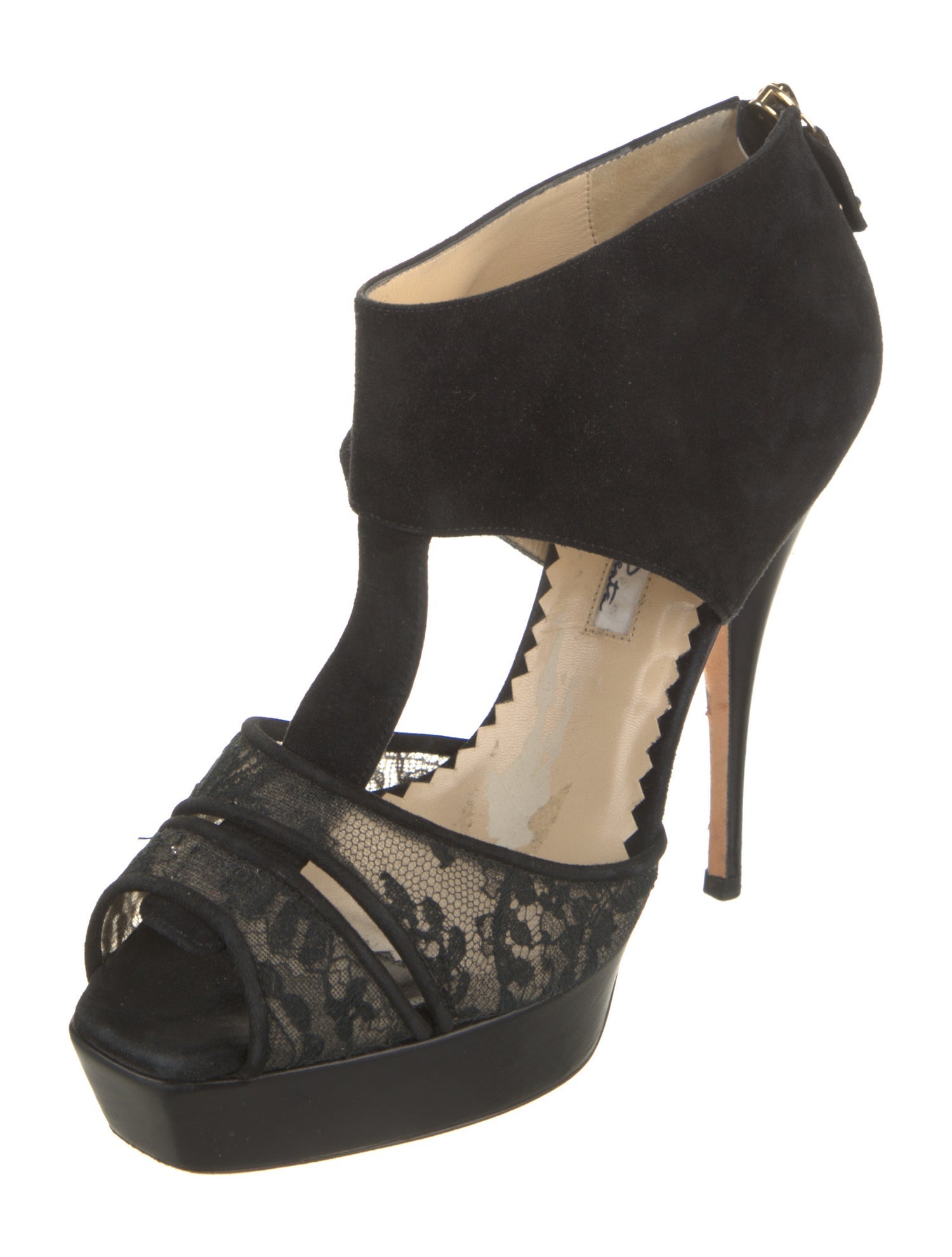 Oscar de la Renta Suede Lace Trim Embellishment T-Strap Sandals