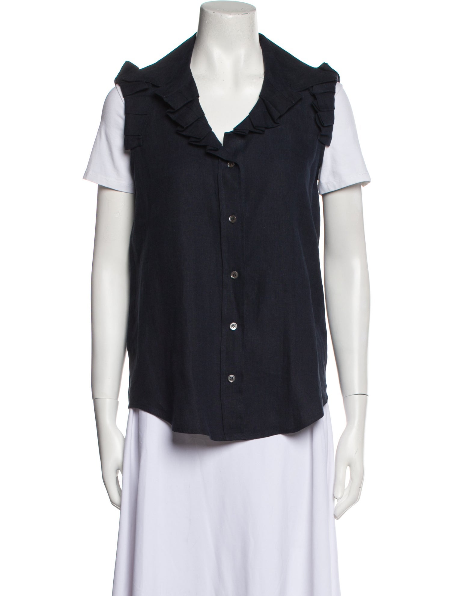 Oscar de la Renta Linen Short Sleeve Button-Up Top