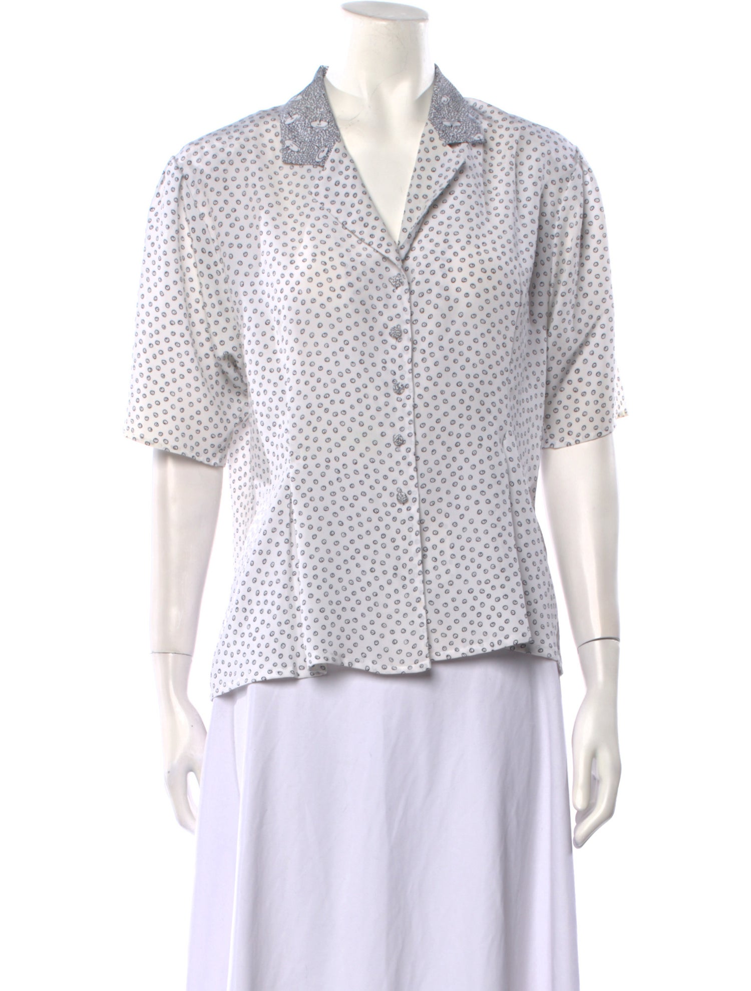 Oscar de la Renta Polka Dot Print Three-Quarter Sleeve Button-Up Top