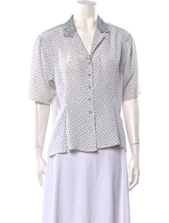 Oscar de la Renta Polka Dot Print Three-Quarter Sleeve Button-Up Top
