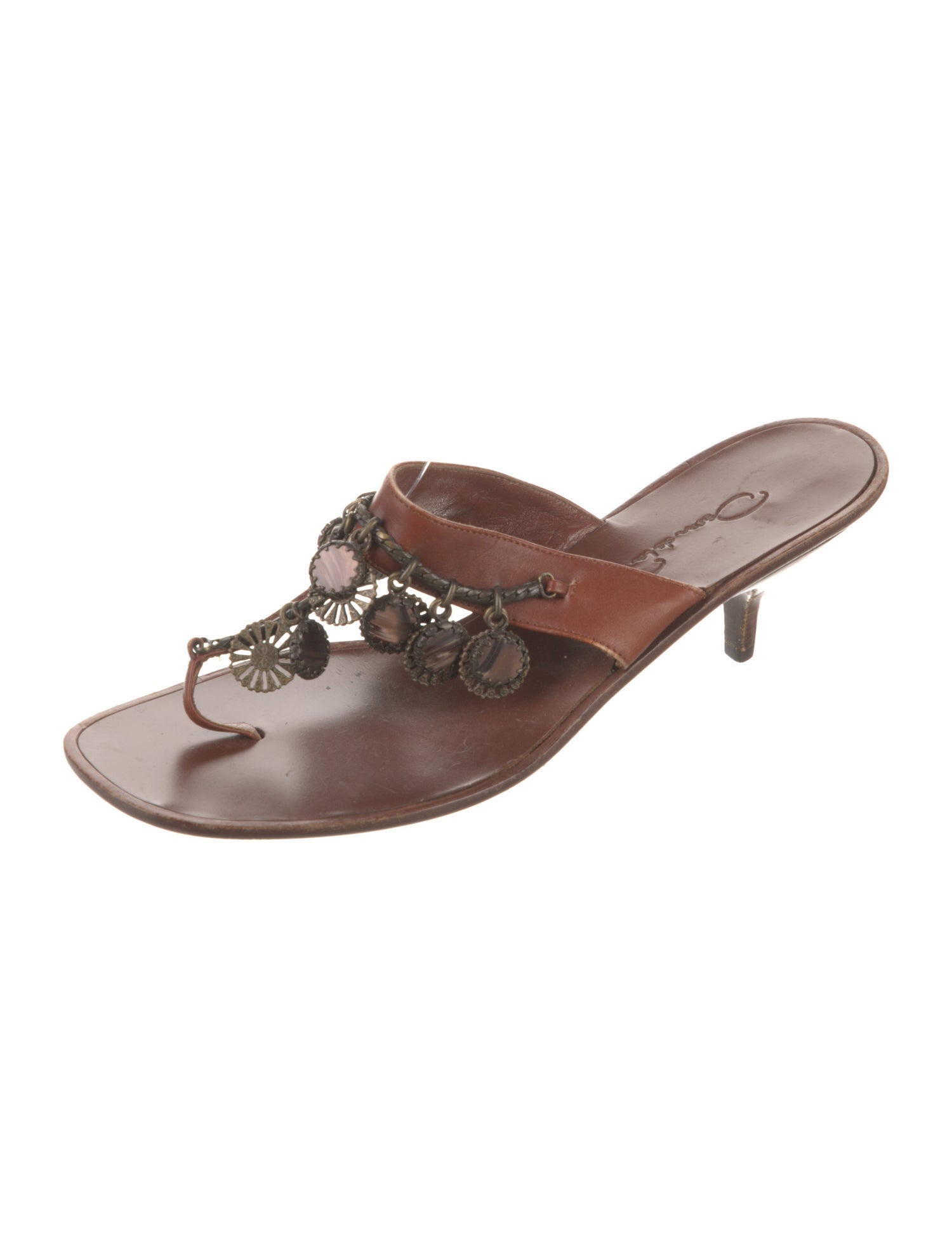 Oscar de la Renta Leather Chain-Link Accents Slides