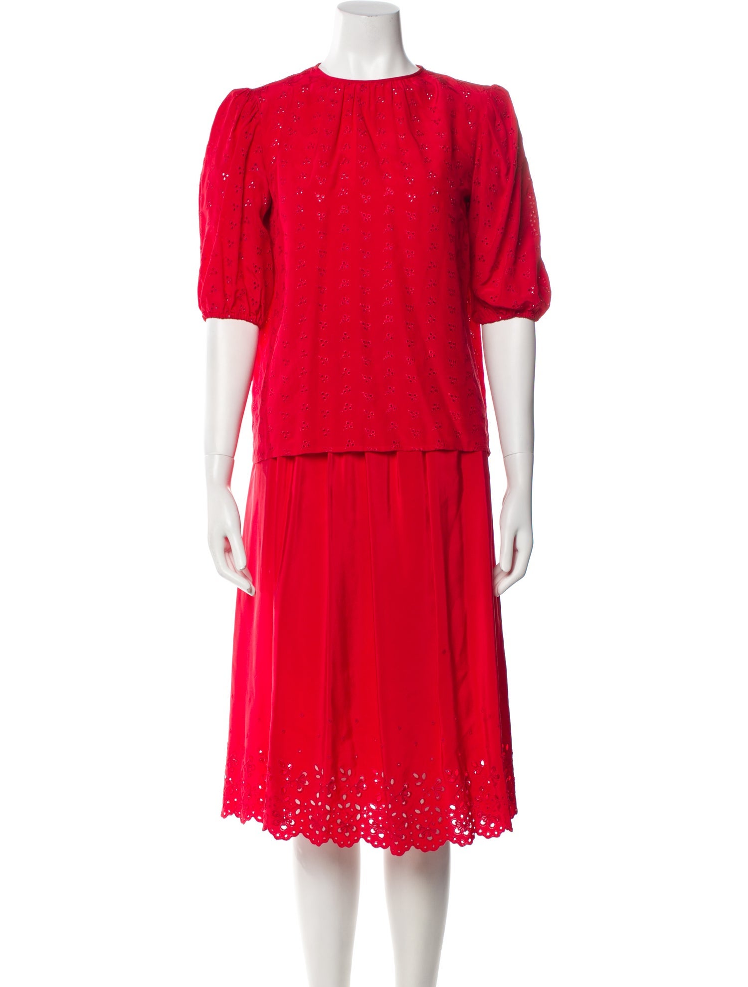 Oscar de la Renta Silk Eyelet Trim Skirt Set
