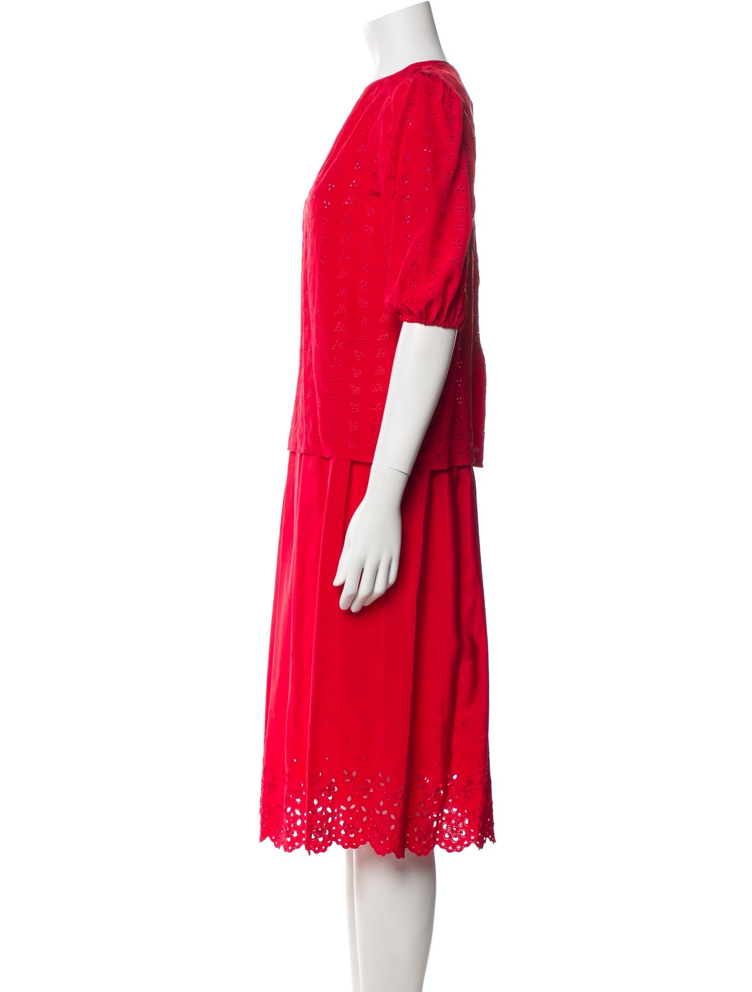 Oscar de la Renta Silk Eyelet Trim Skirt Set