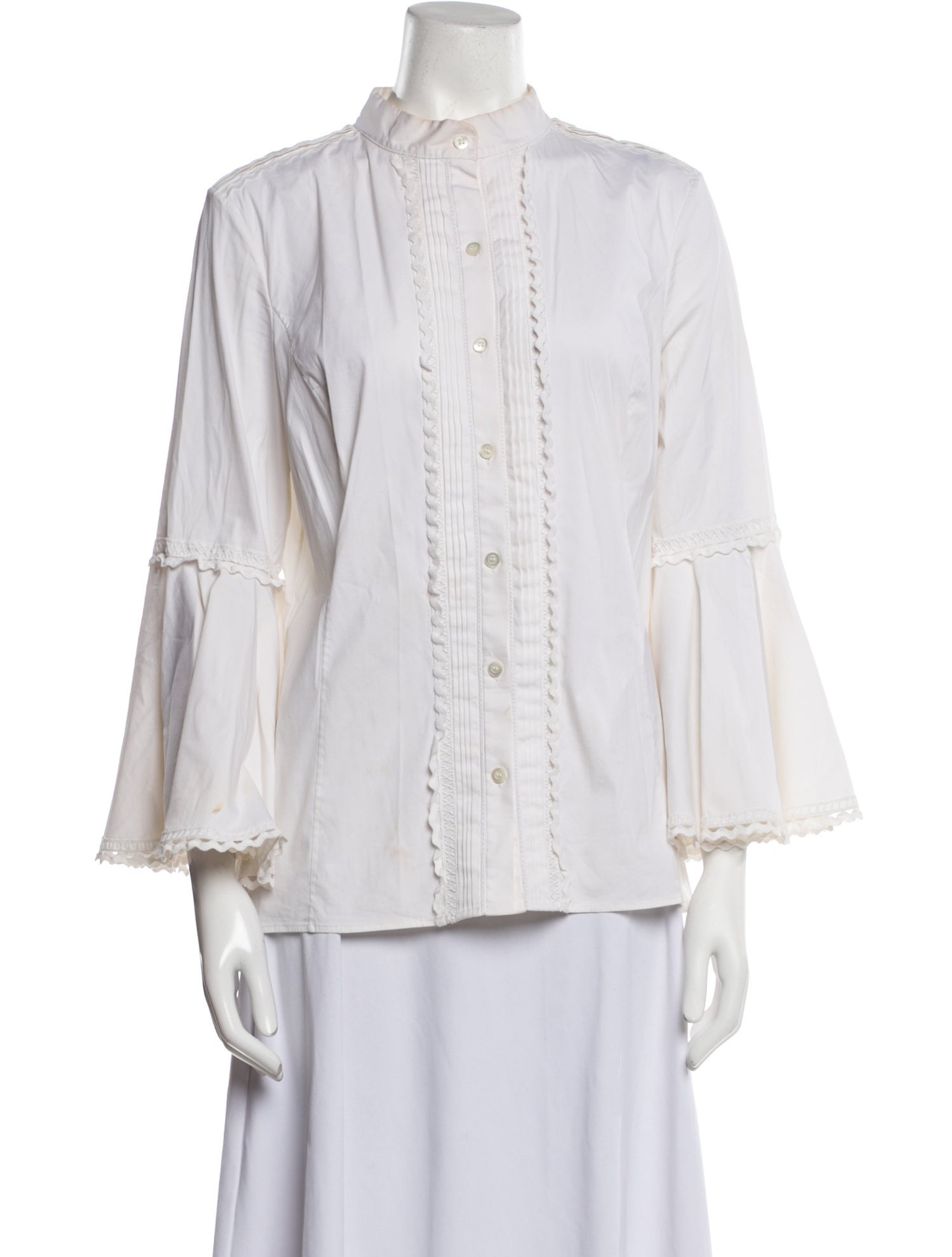 Oscar de la Renta Mock Neck Three-Quarter Sleeve Button-Up Top