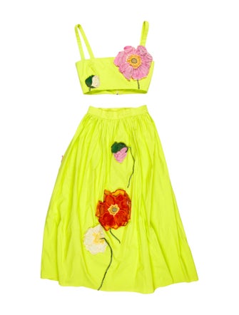 Oscar de la Renta Floral Print Embroidered Accent Skirt Set