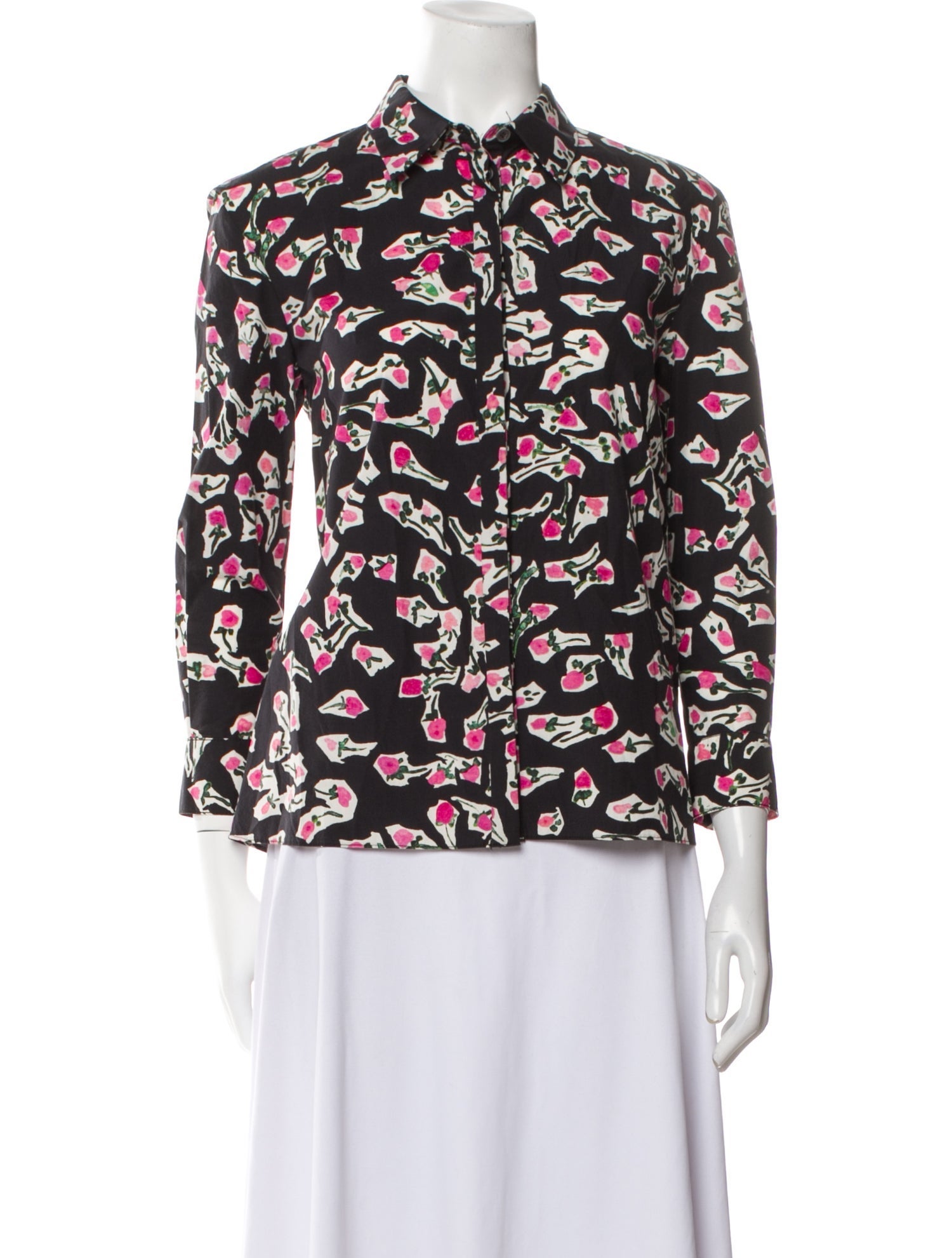 Oscar de la Renta Floral Print Mock Neck Button-Up Top