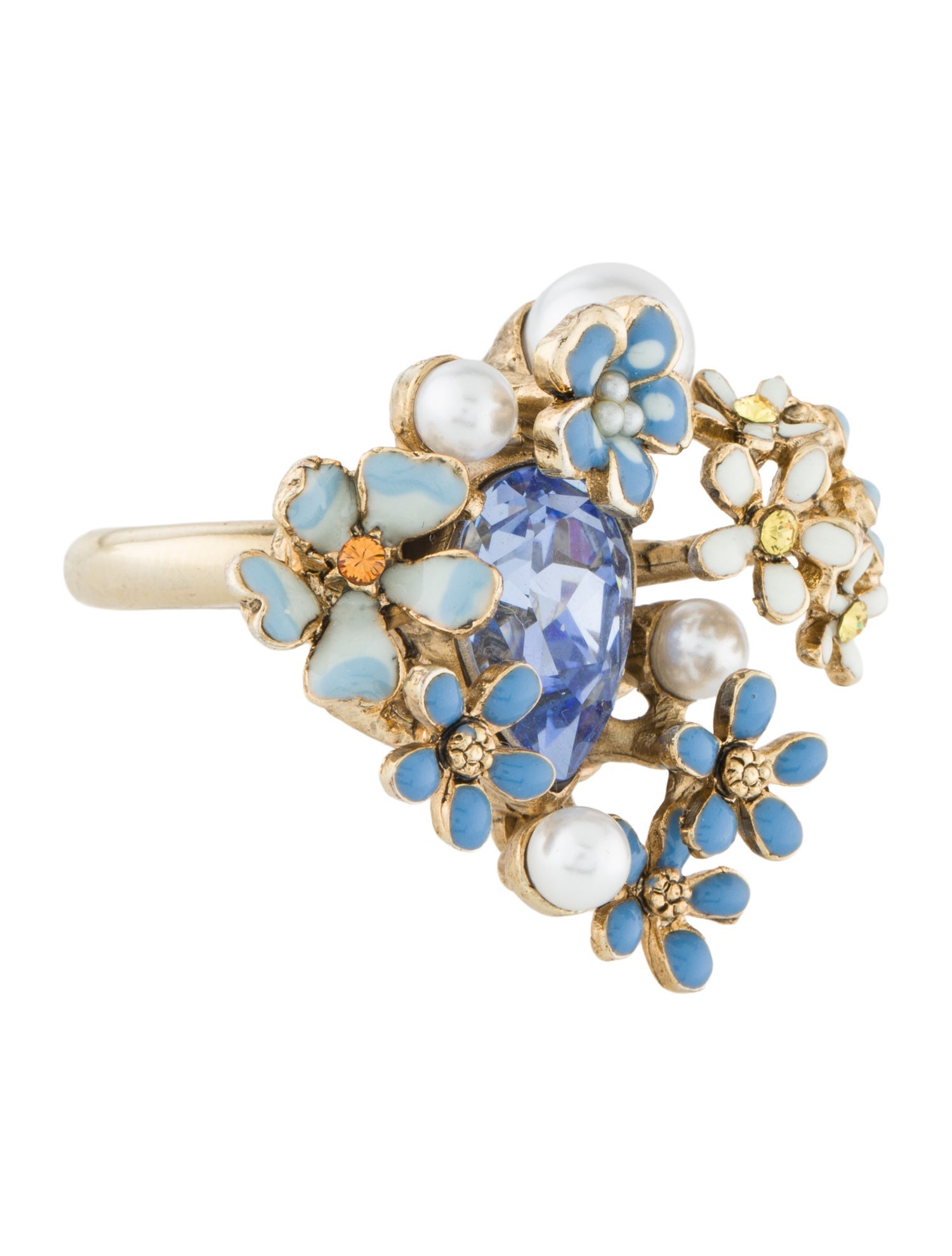 Oscar de la Renta Faux Pearl & Crystal Flower Cocktail Ring